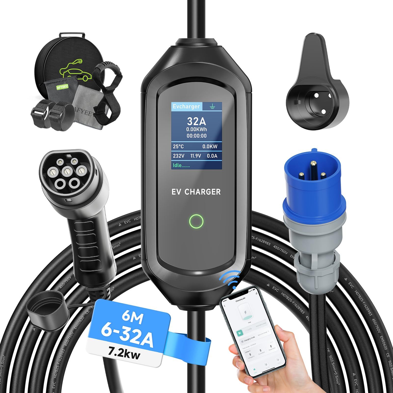 AFYEEV 7.2kW Type 2 EV Charger with LCD screen and cable