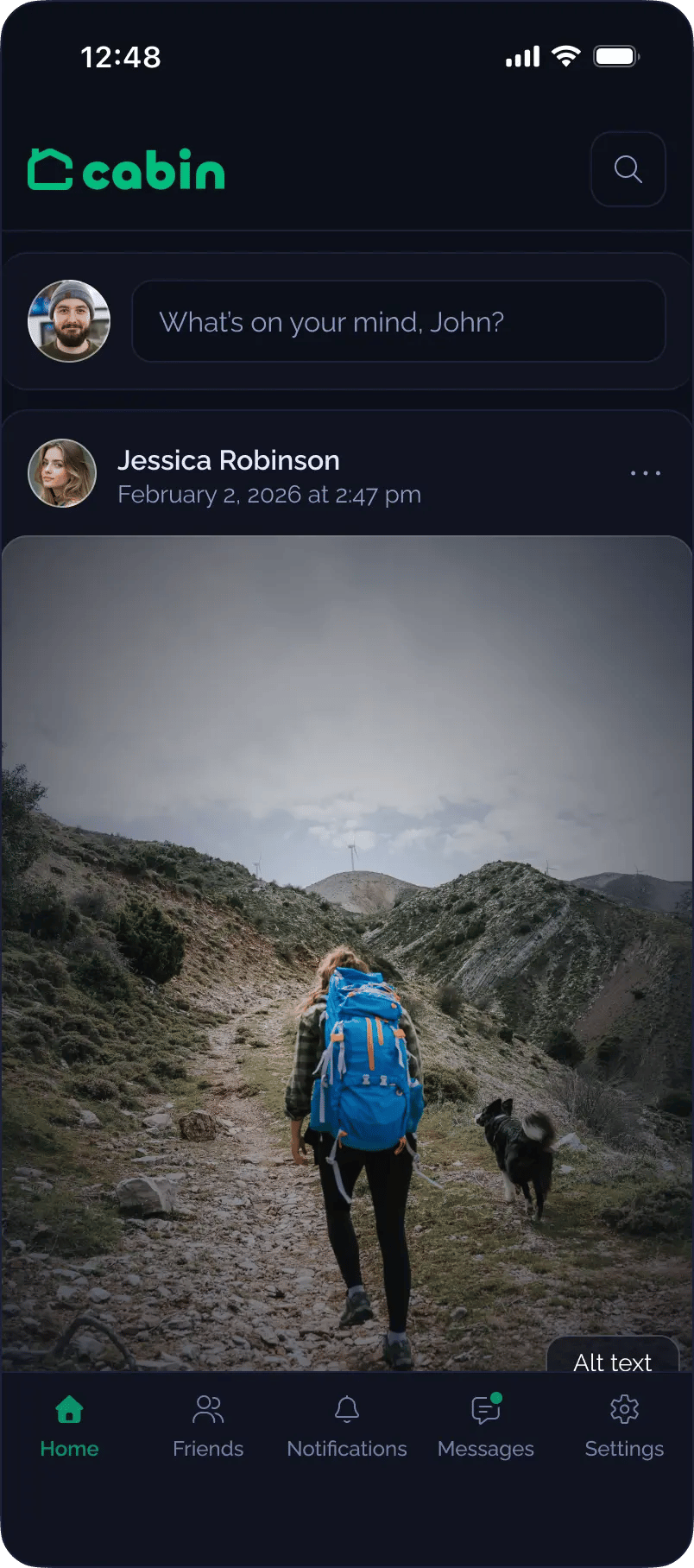 Cabin Social Network Homepage - Privacy-Focused Facebook Alternative