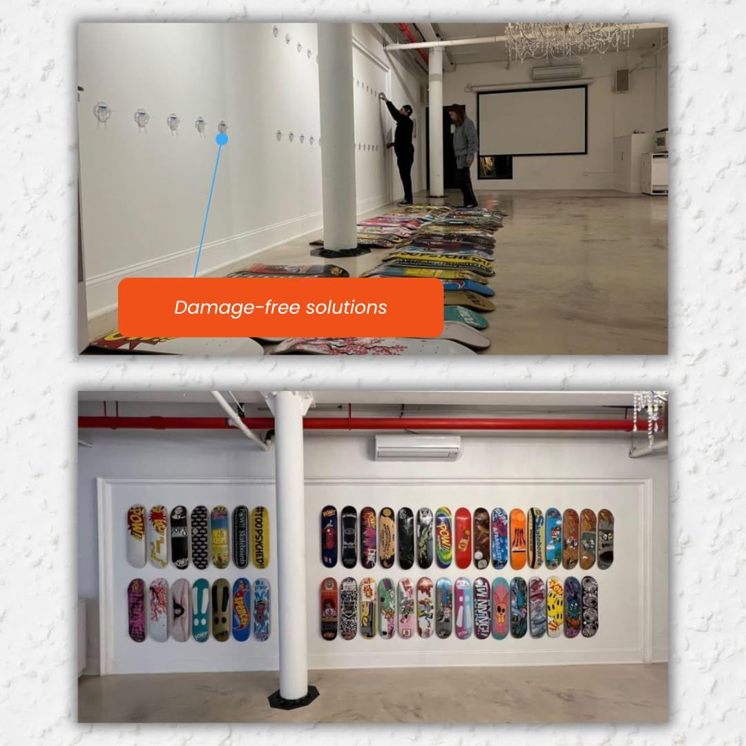 Command strips heavy duty skateboard deck wall display horizontal living room setup