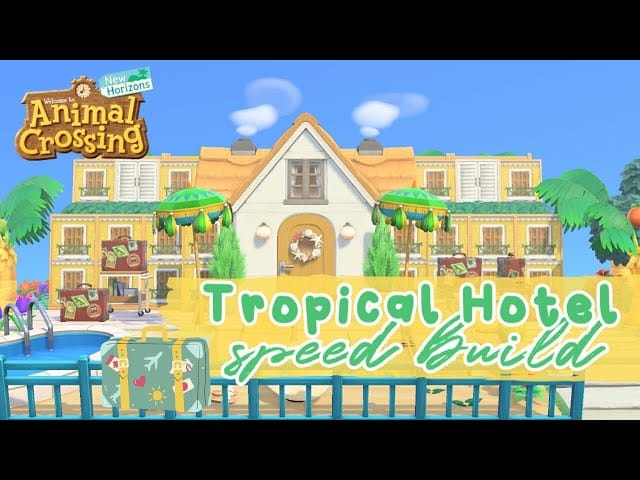 Animal Crossing resort hotel lobby with tropical decorations