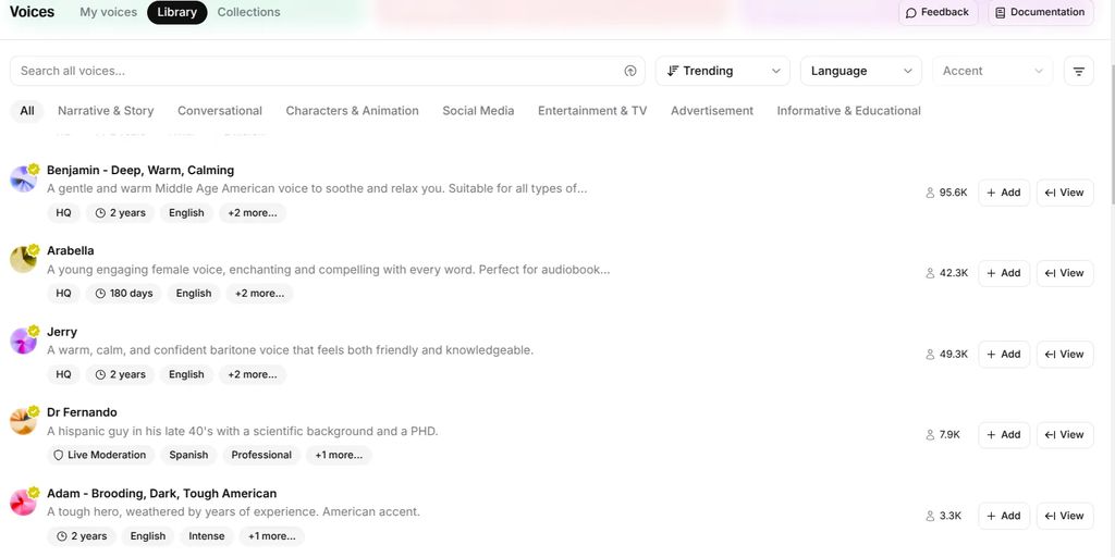 ElevenLabs voice library showing extensive voice options