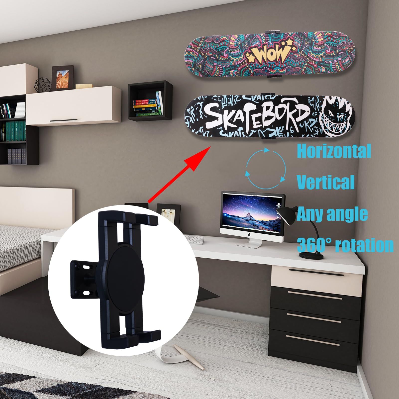 Skateboard deck mounted on wall showing proper installation technique and level alignment