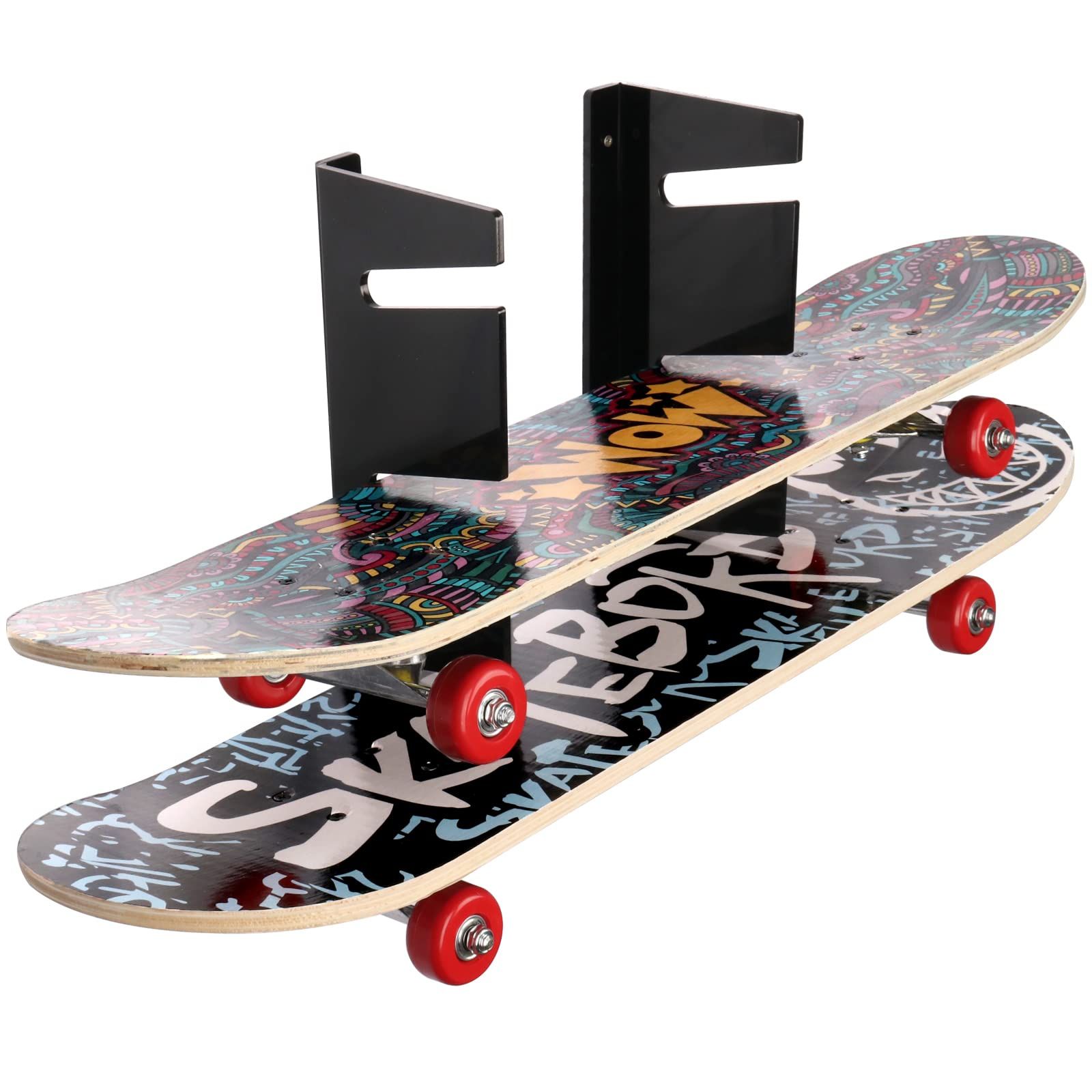Horizontal skateboard wall display system showing multiple decks mounted in modern interior