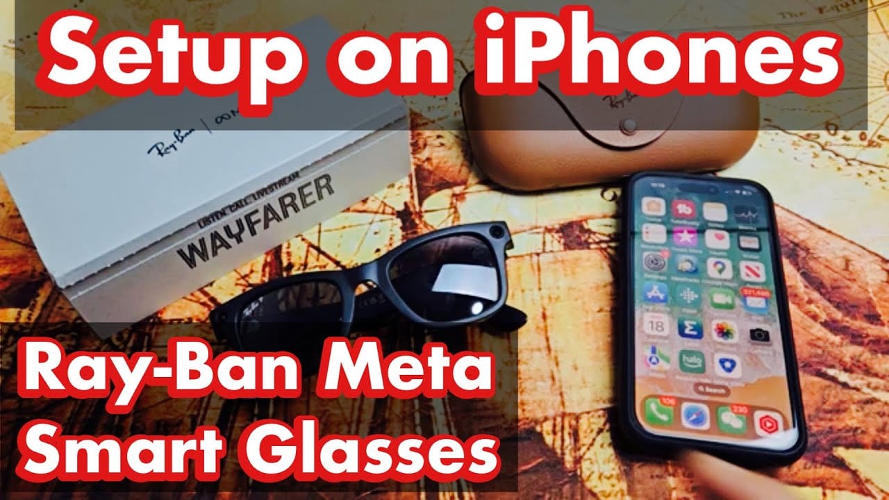 Smart glasses paired with iPhone showing iOS app interface