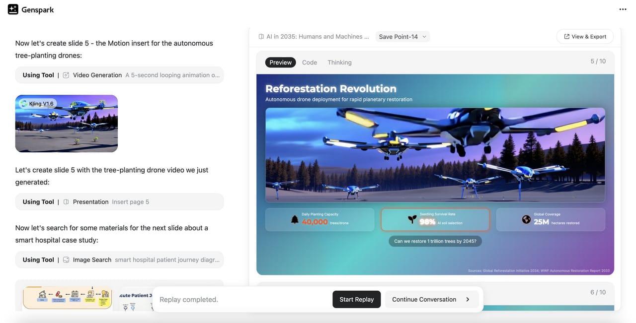 Genspark AI Developer deployment interface showing live website preview and code output