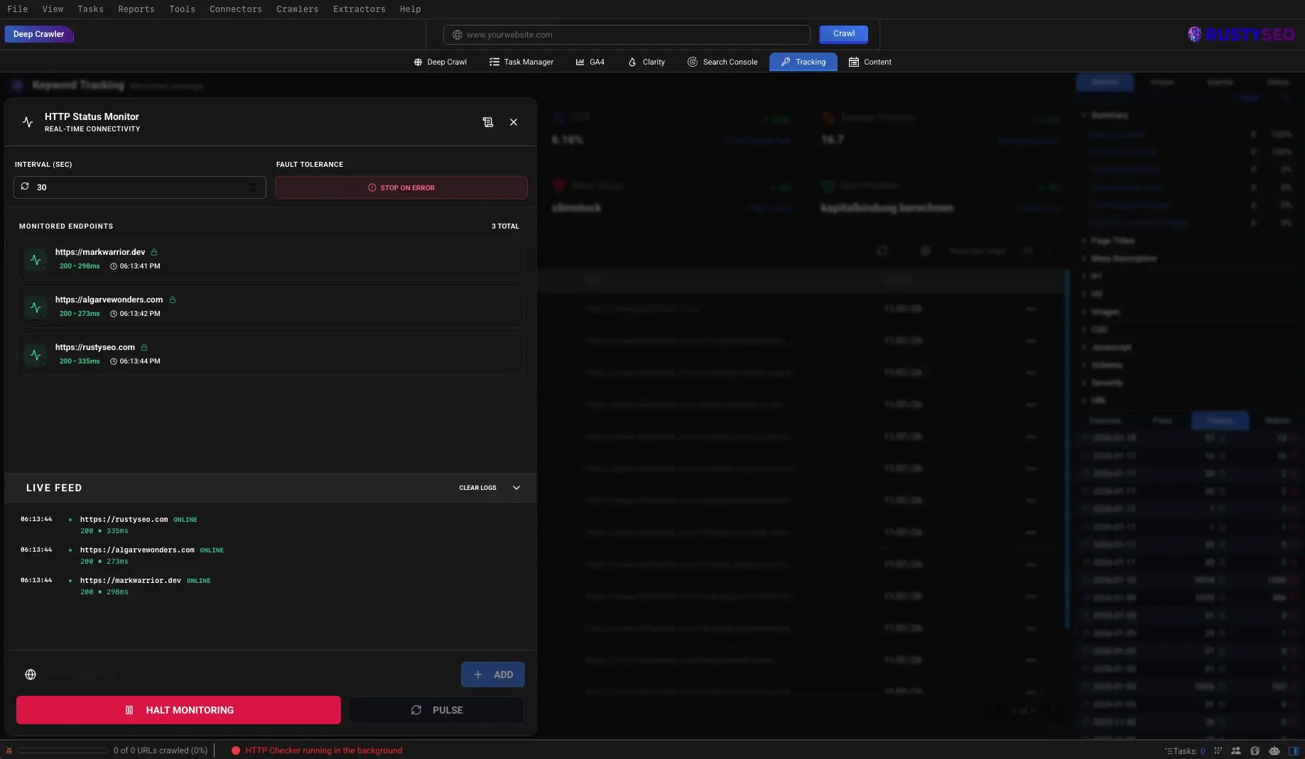 RustySEO performance metrics and crawl results dashboard
