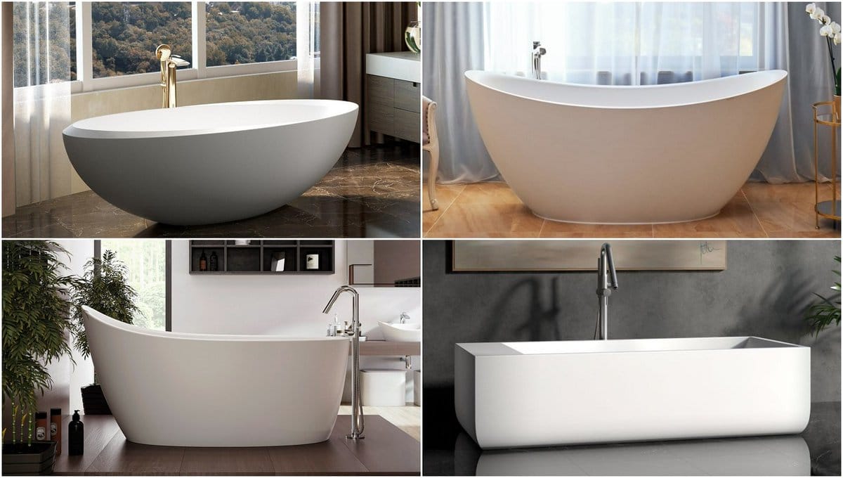 Deep soaking freestanding tub in modern minimalist bathroom