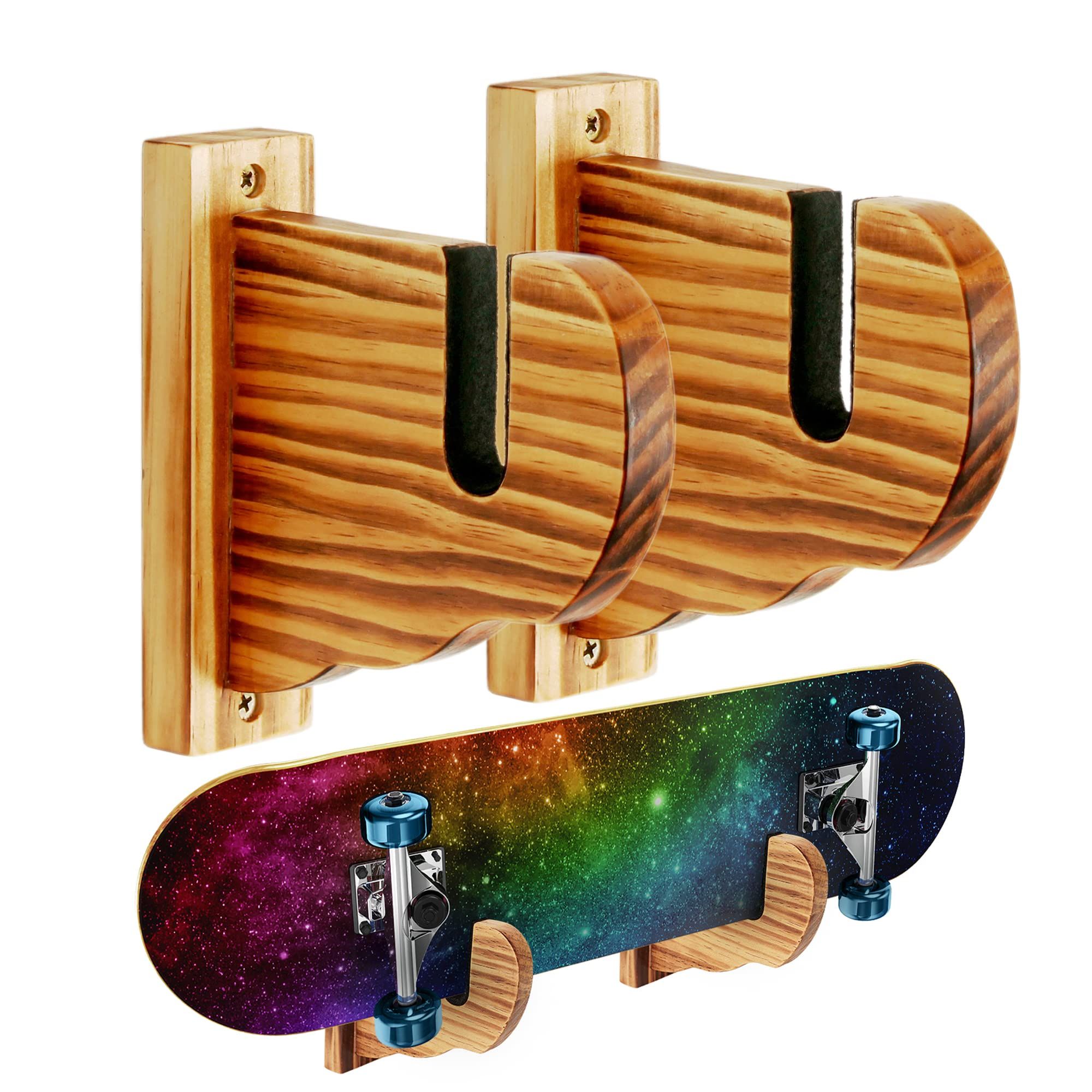 Professional skateboard wall mount system showing proper horizontal deck display