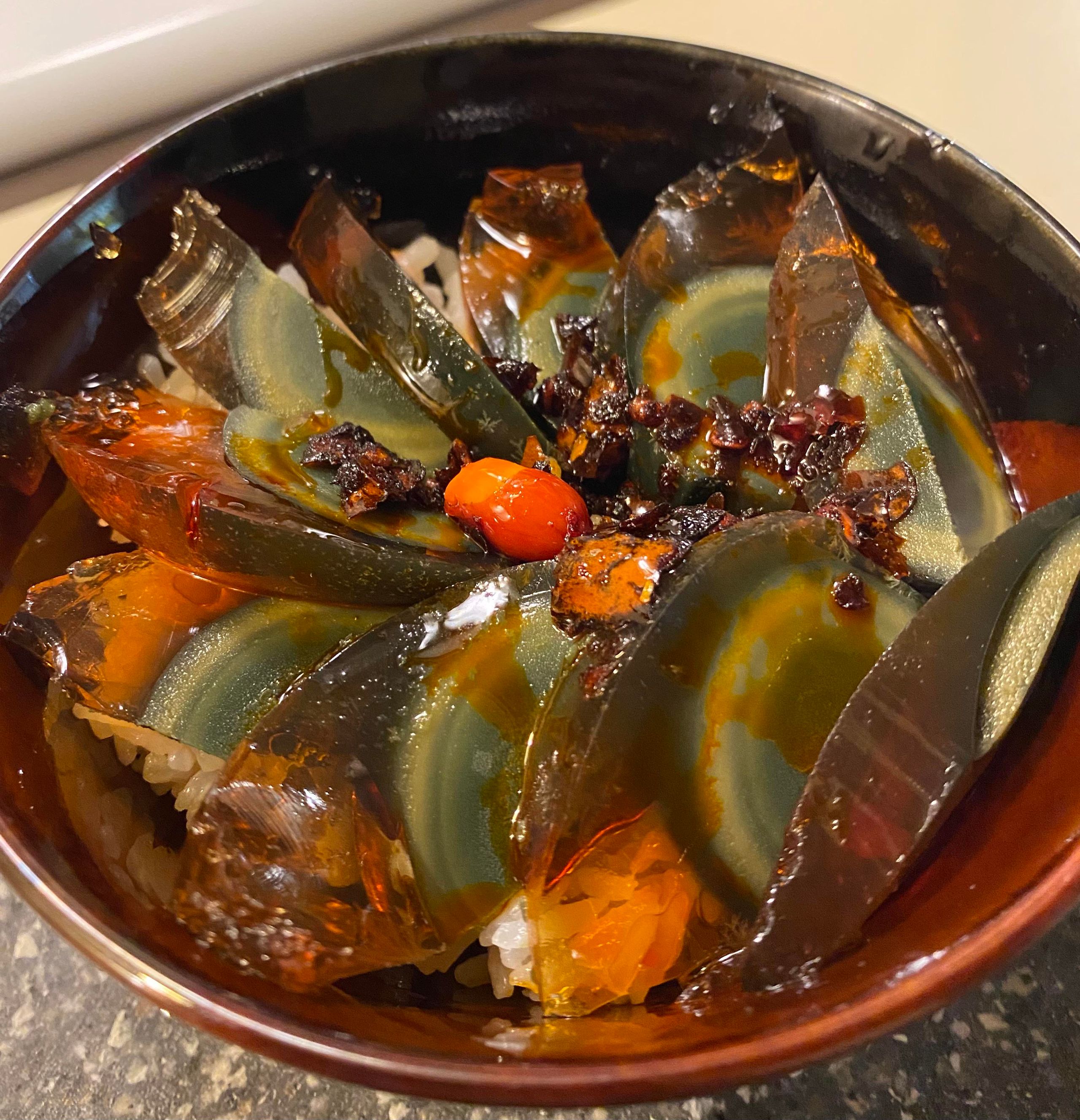 Century egg cross-section showing layers