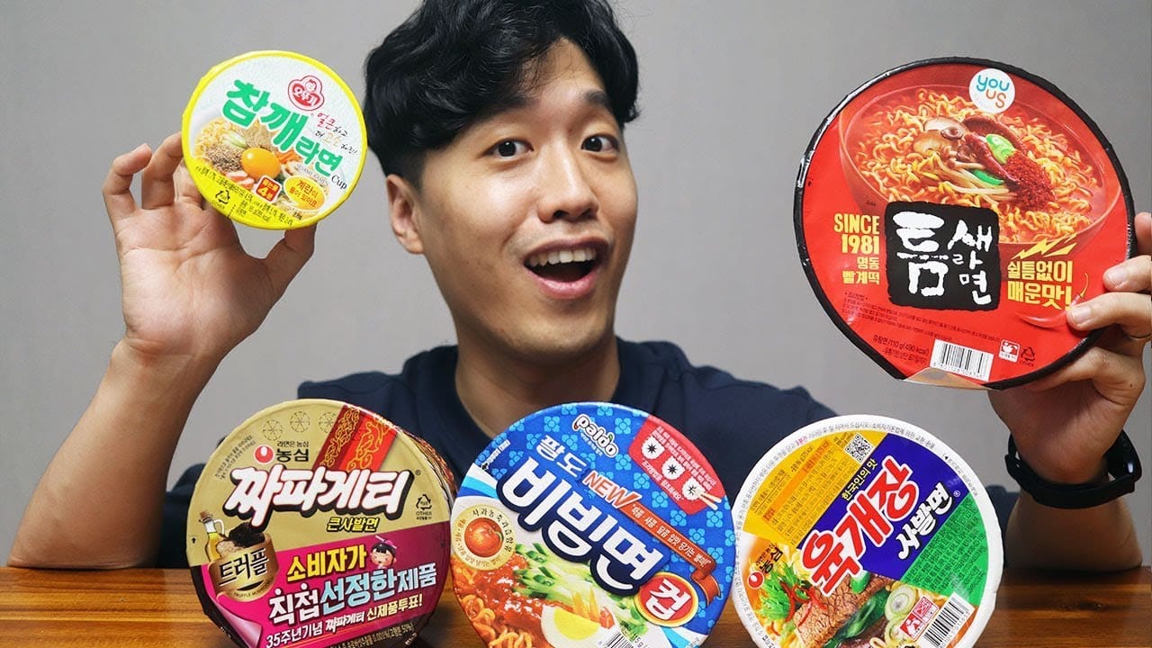 Display of various Korean instant cup noodles and ramyeon at convenience store