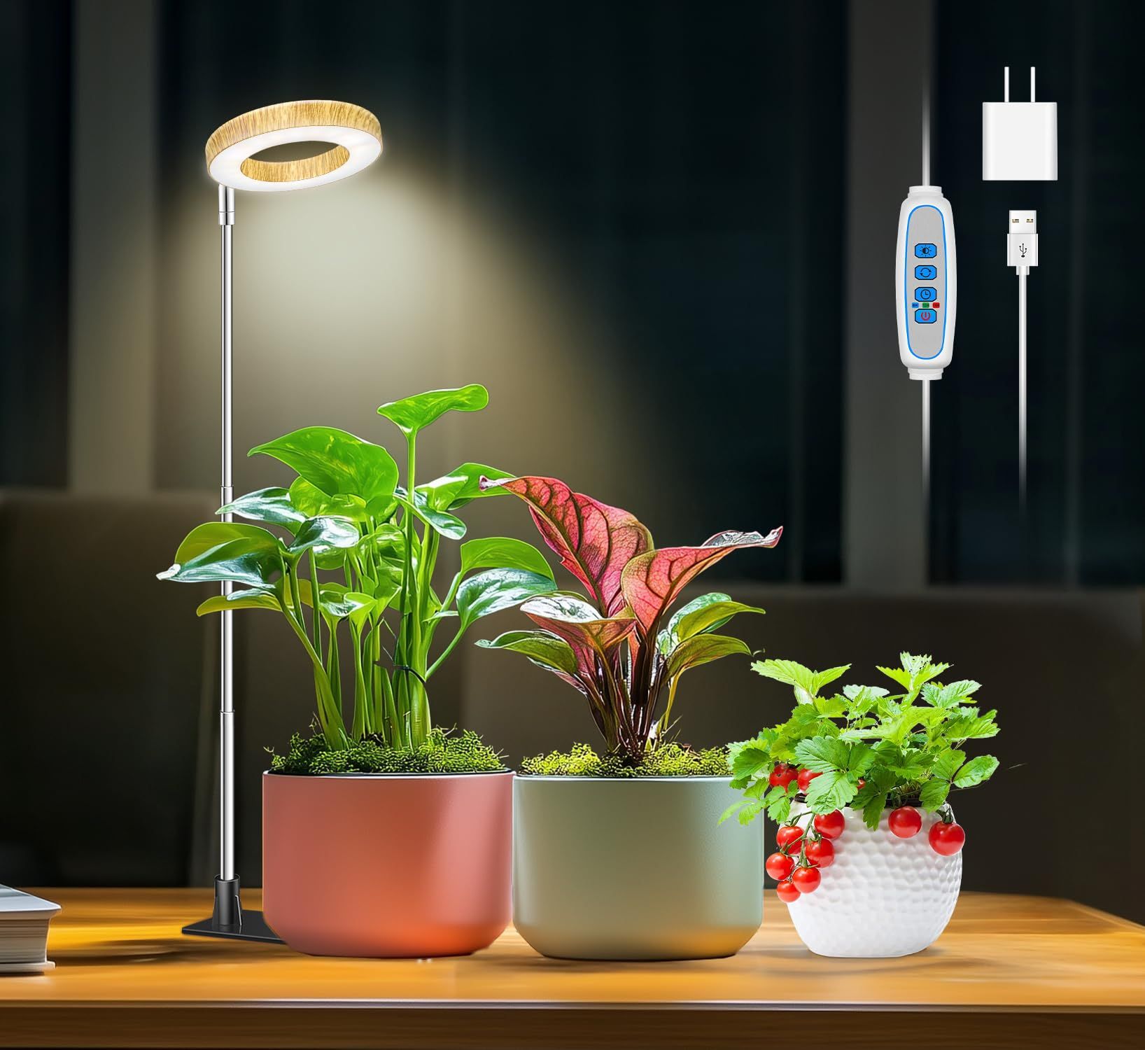 Aokrean 48 LED Halo Plant Grow Light with wooden base full spectrum
