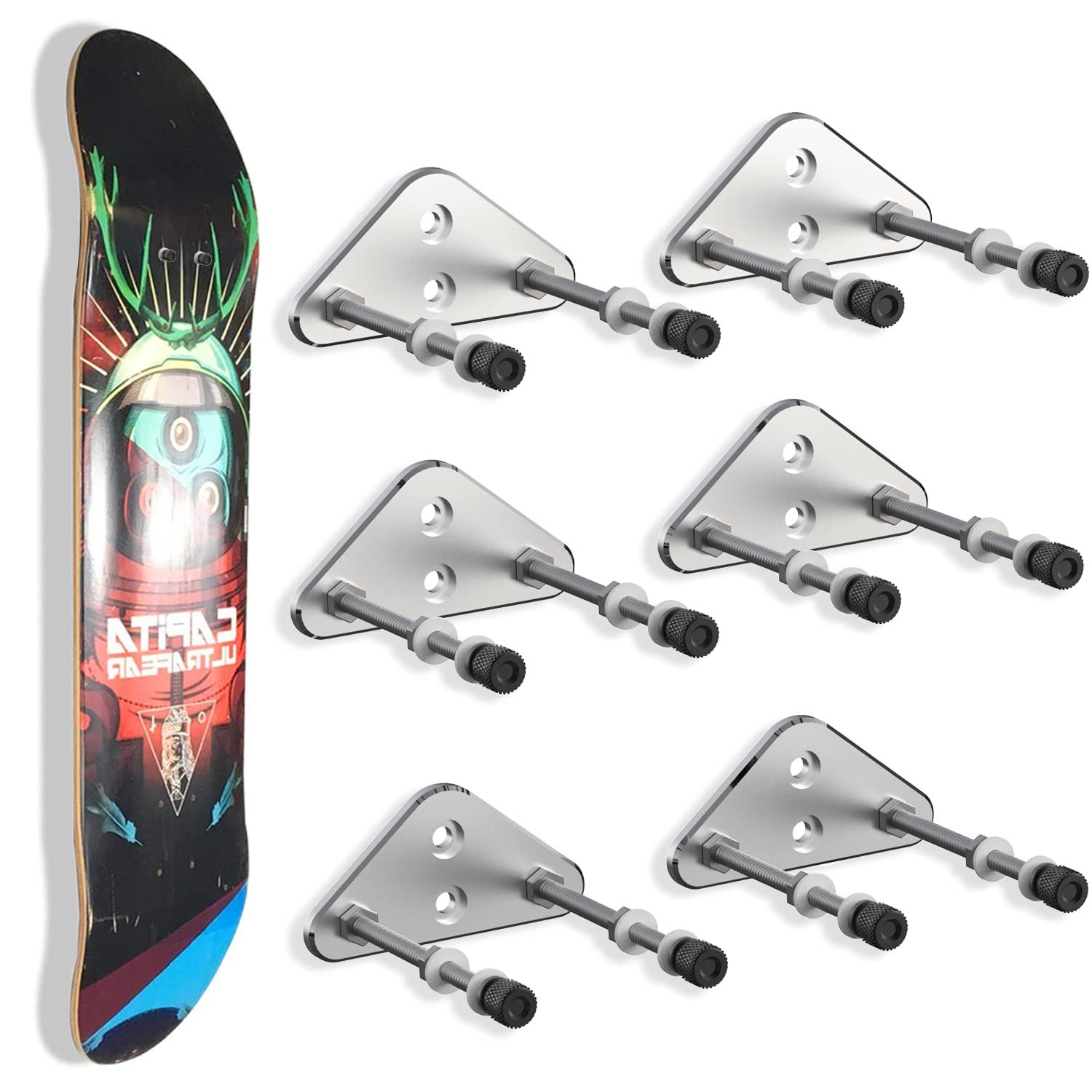 Skateboard wall mounting hardware showing metal brackets and installation components
