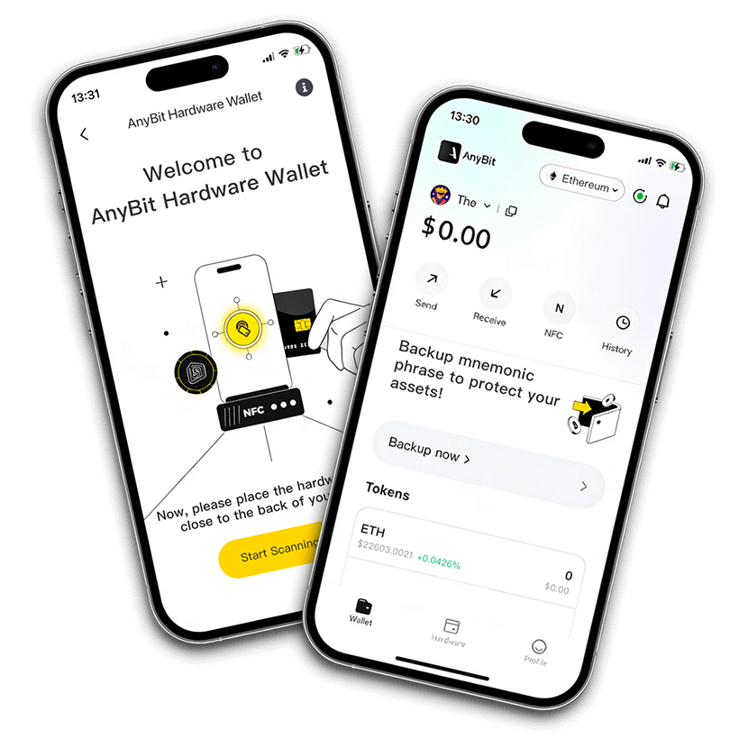 Anybit Wallet mobile app interface showing cryptocurrency portfolio dashboard