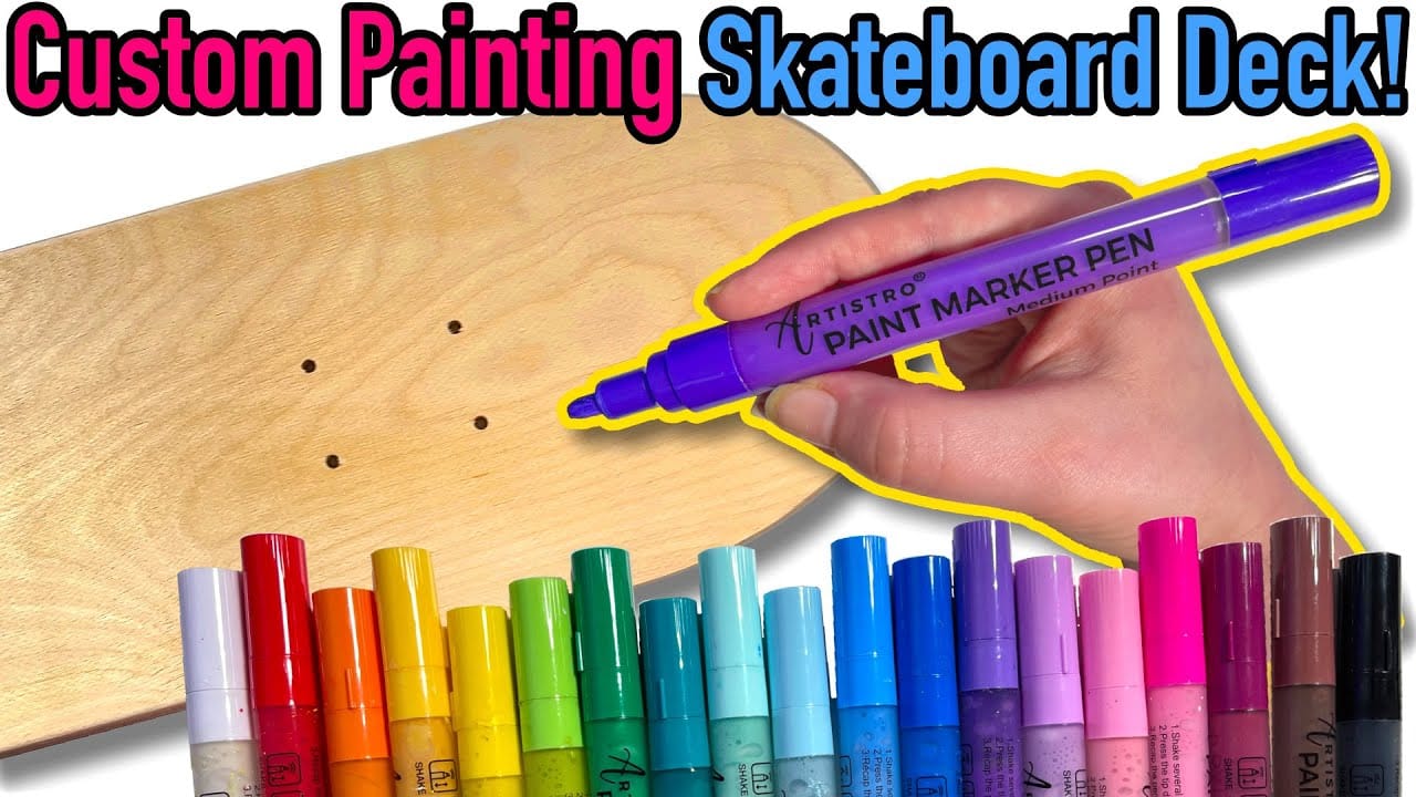 Close-up of various paint markers and materials for skateboard deck customization