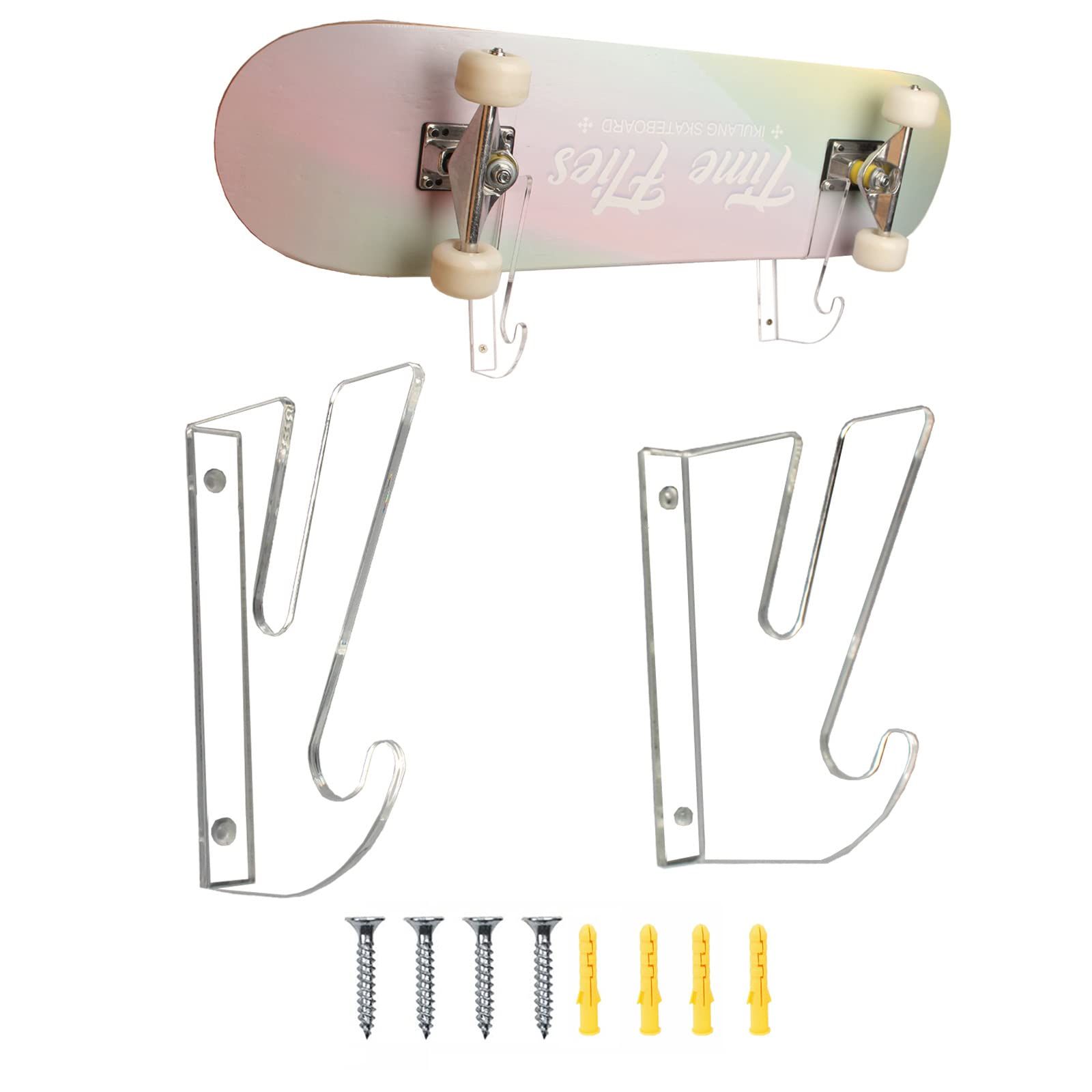 Horizontal skateboard wall mount installation showing proper dual bracket system
