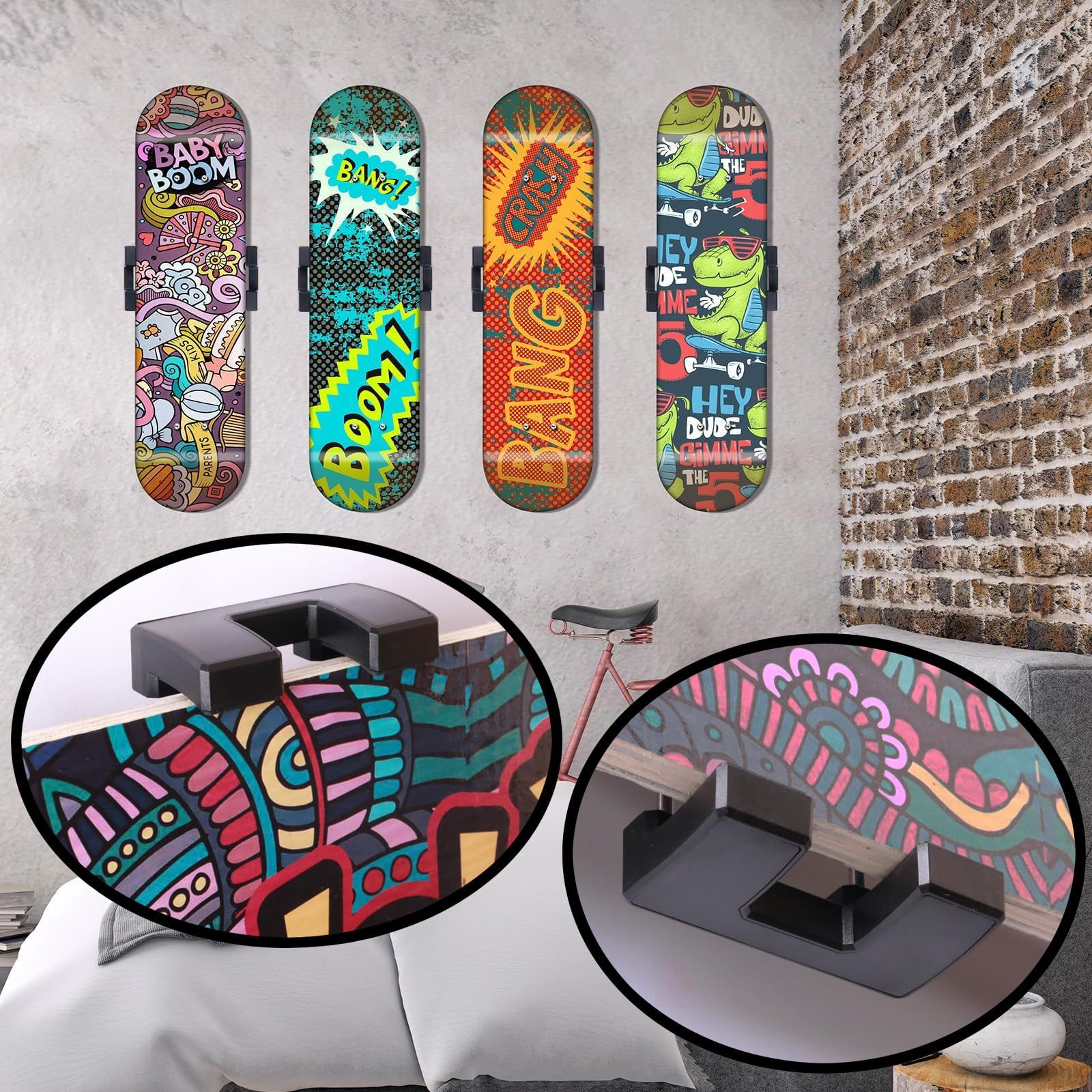 Rotatable skateboard deck wall mount system showcasing floating display technique for modern man cave art installation