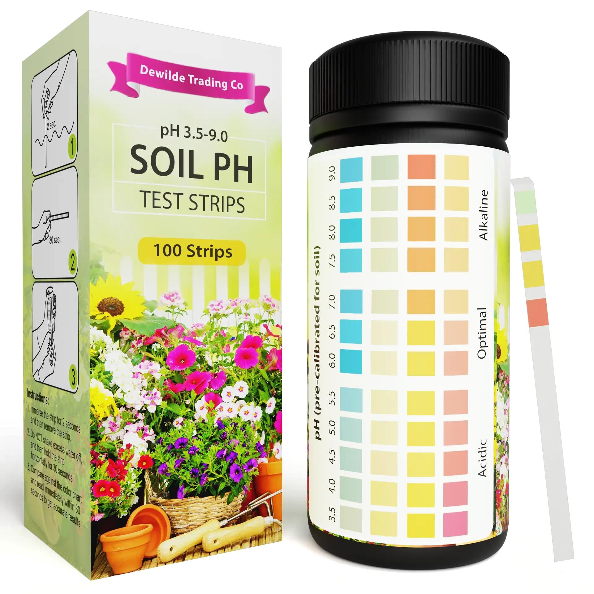 Soil pH test kit with colorful test strips and pH scale guide