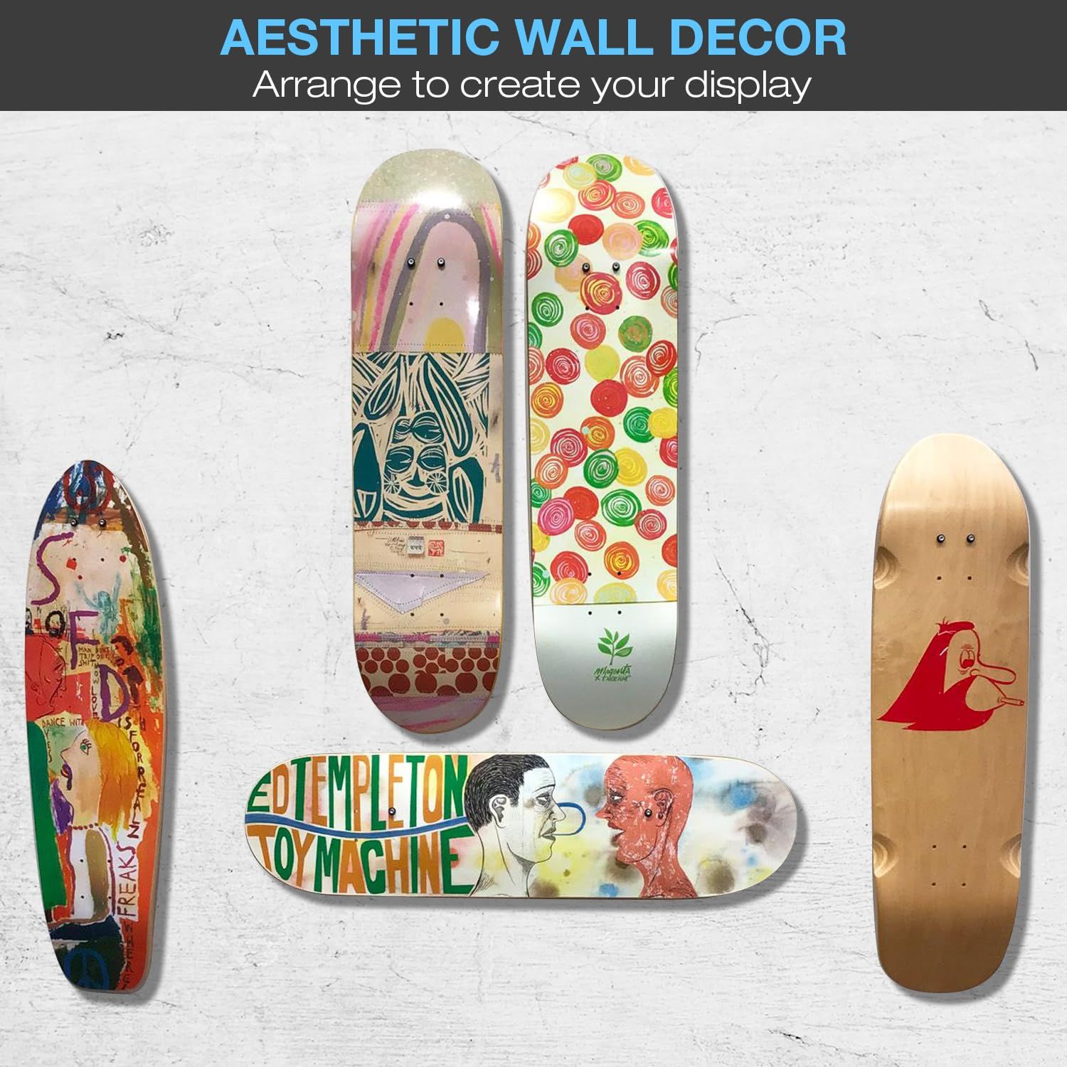 Skateboard art collection display showing multiple Renaissance-inspired decks arranged on gallery wall demonstrating various classical art reproductions