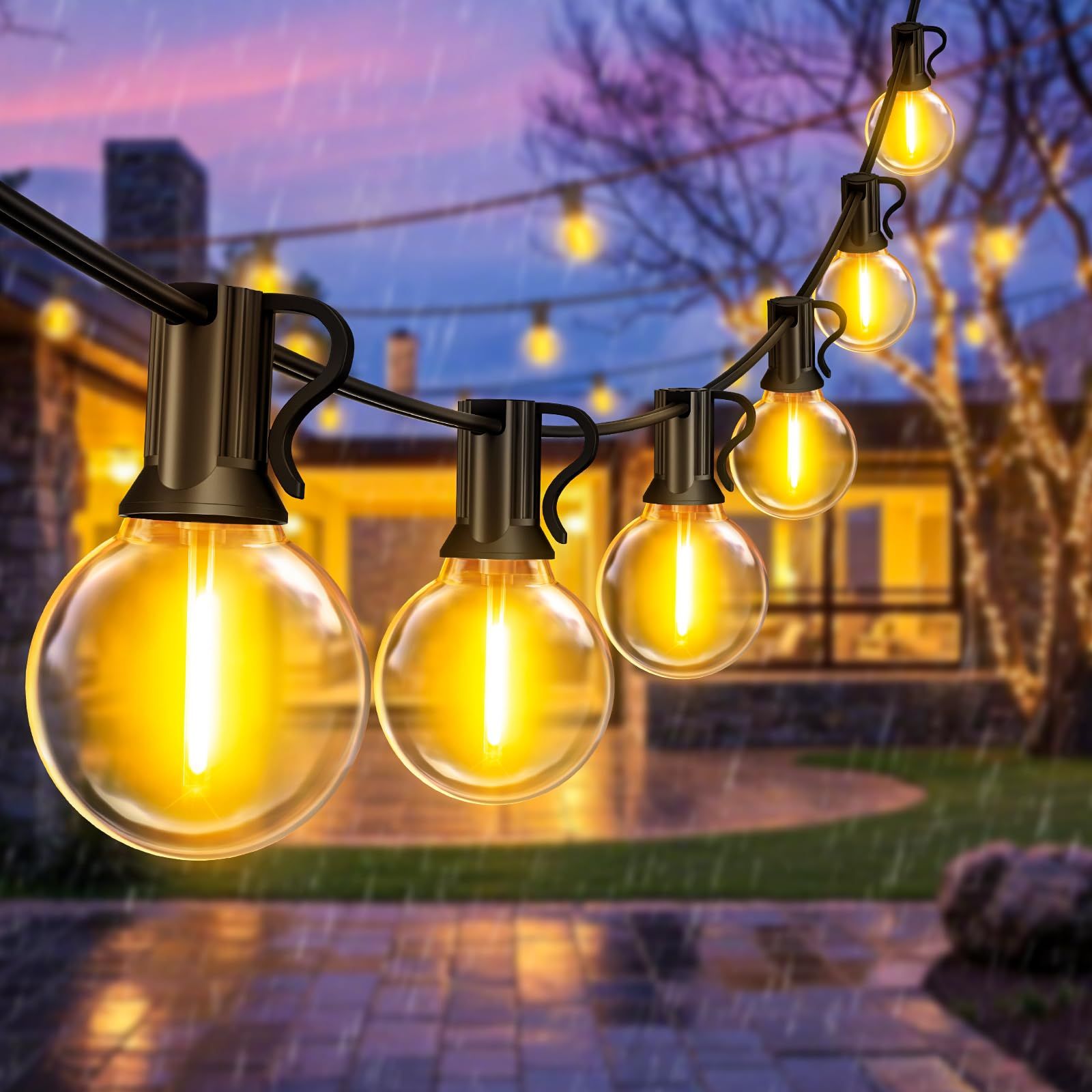 Outdoor festoon lights creating perfect garden atmosphere