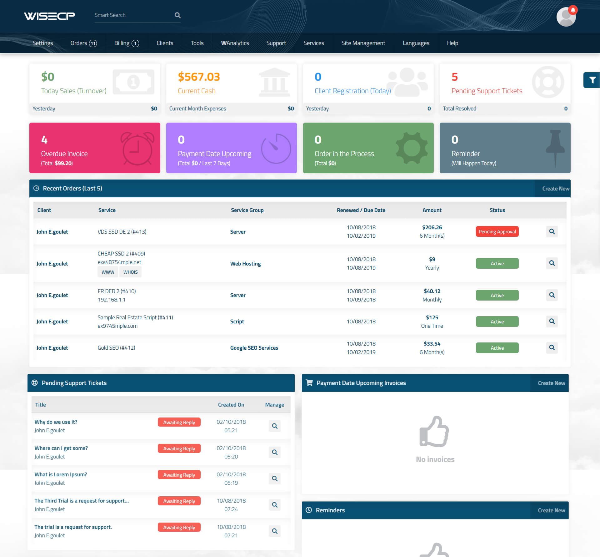 WiseCP admin dashboard overview