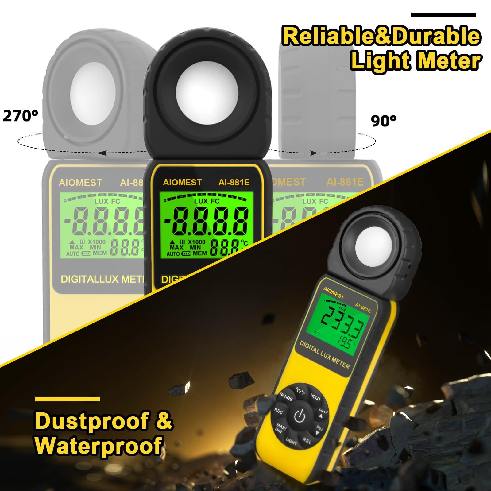 Digital light meter showing lux and foot-candle measurements