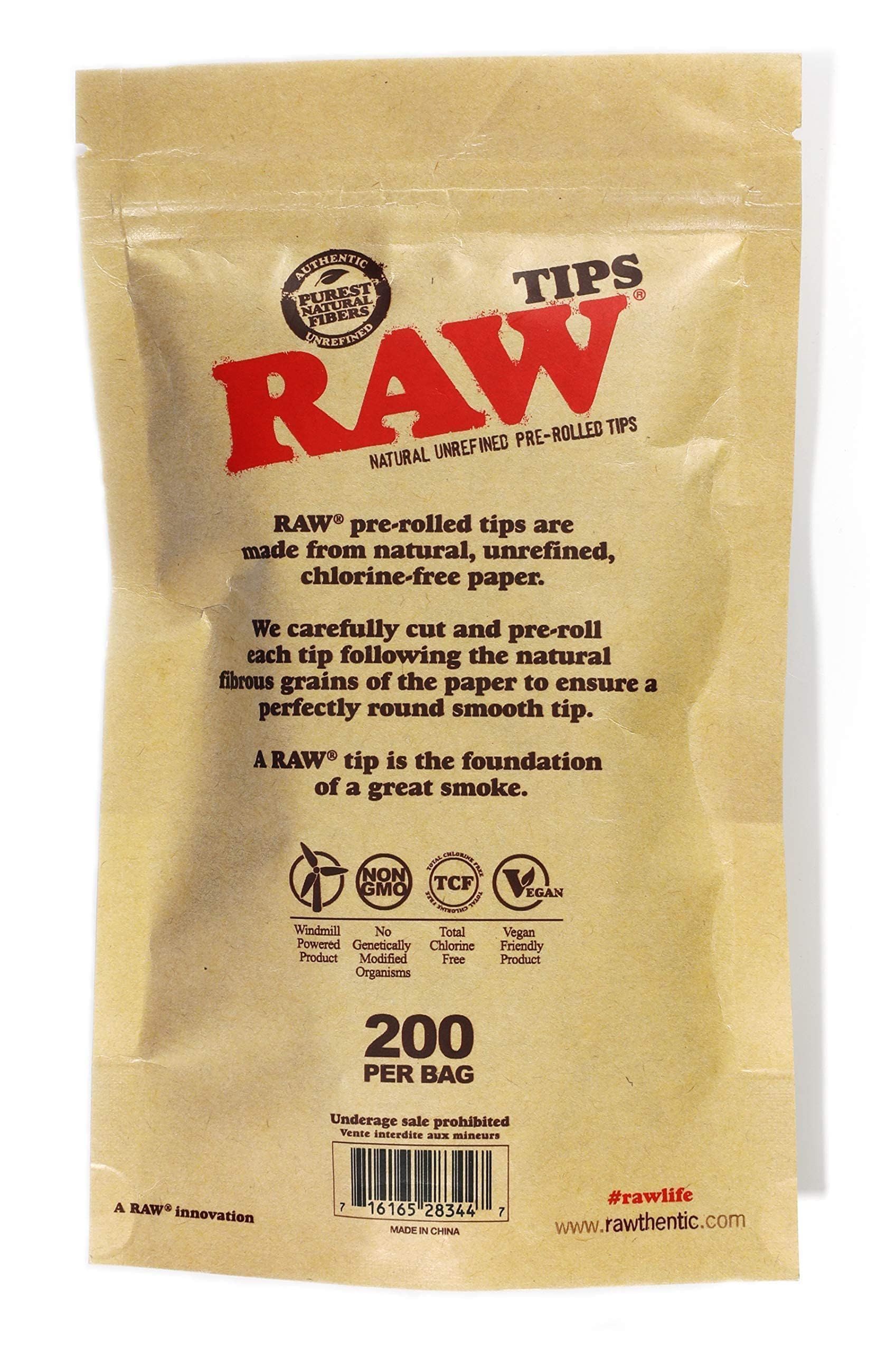 RAW Natural Unrefined Pre-Rolled Tips - 200 Tips Bag
