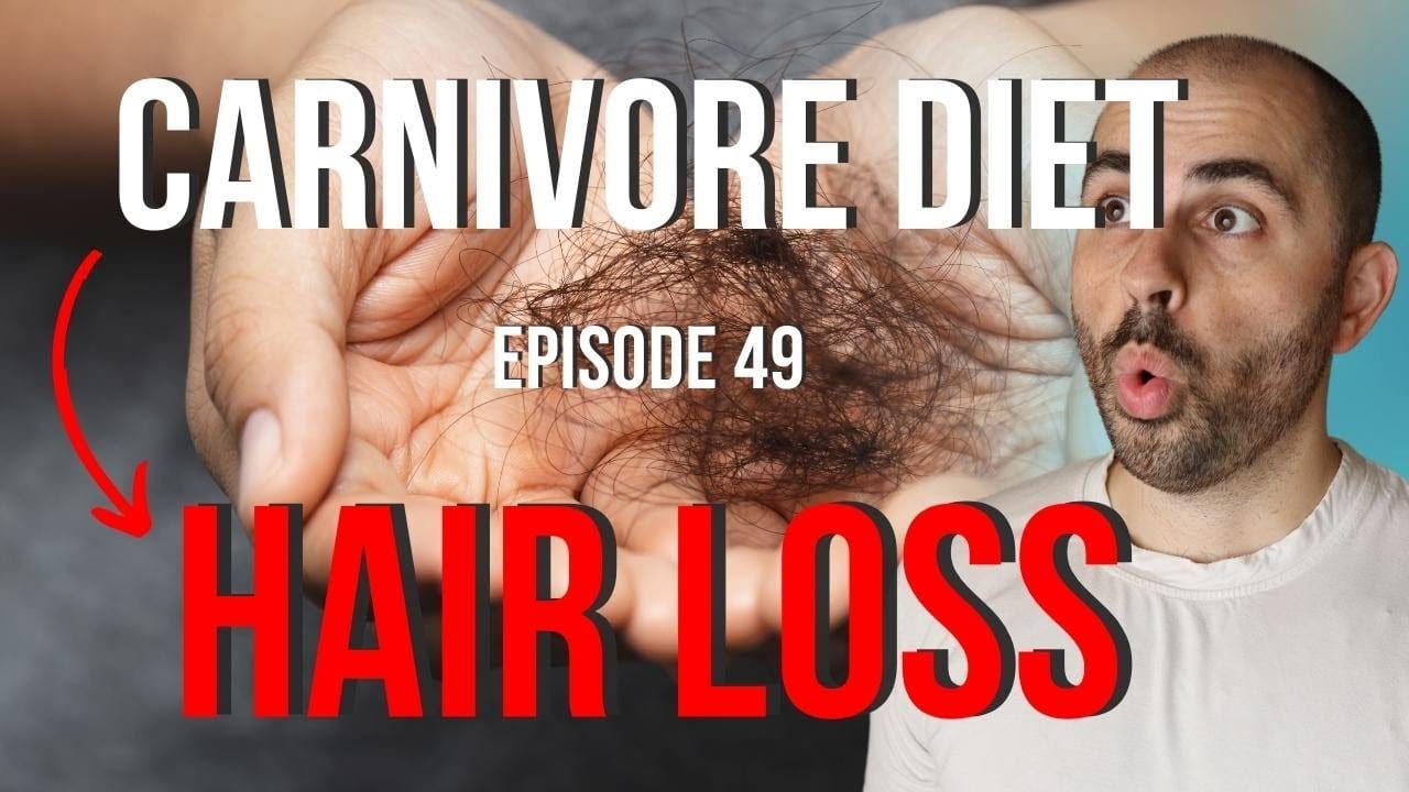 Graphic showing hair shedding on a carnivore diet plate with steak and eggs