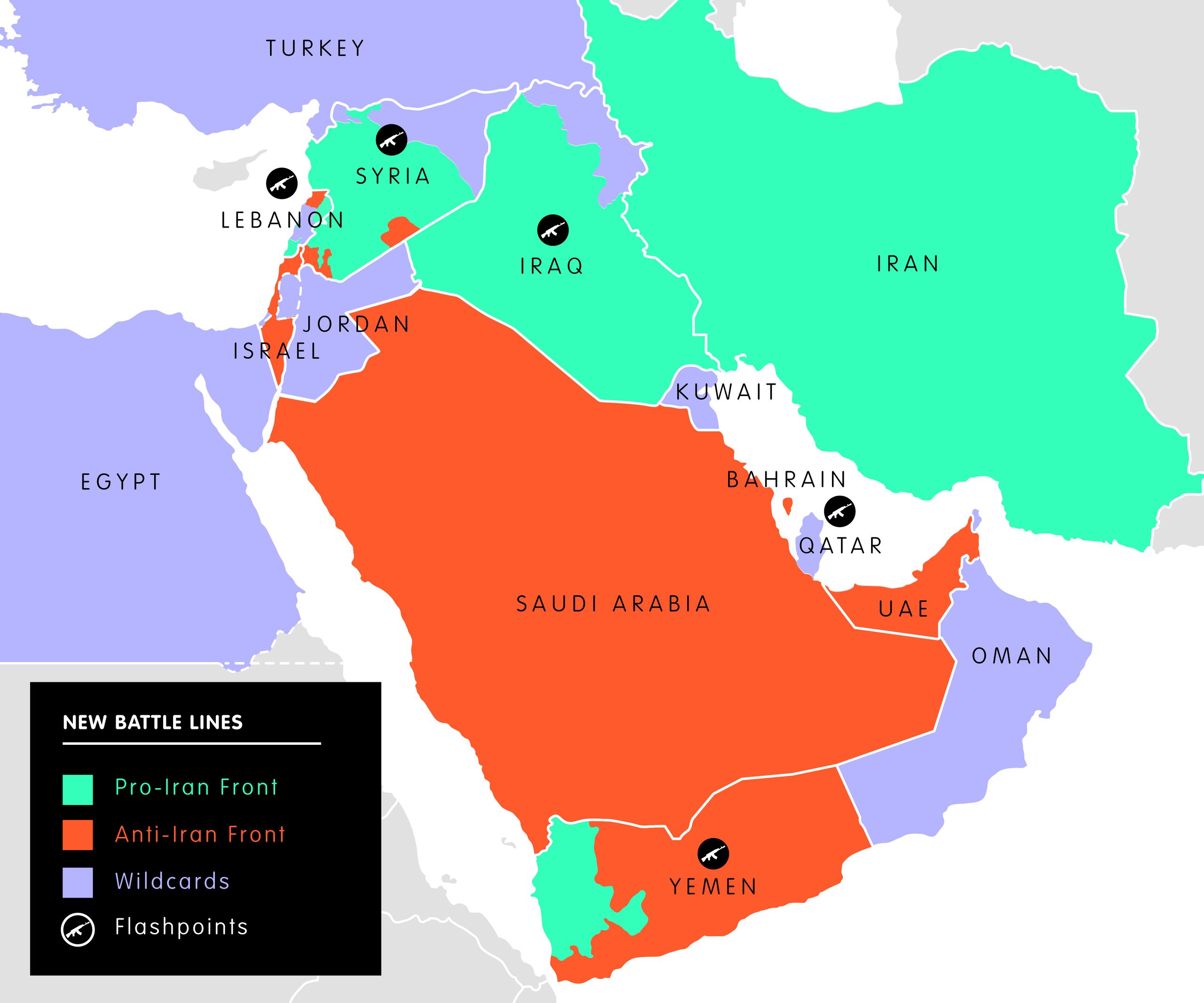 Middle East regional map showing Iran influence and tensions with neighboring countries