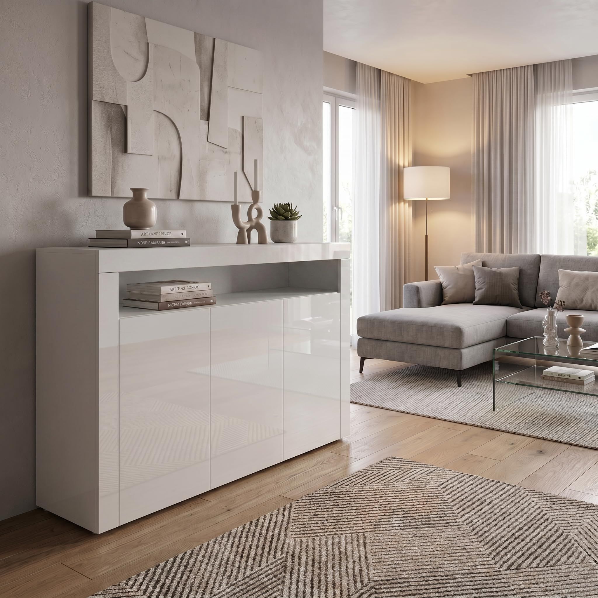 Vladon Sideboard Valencia white gloss front in modern living room