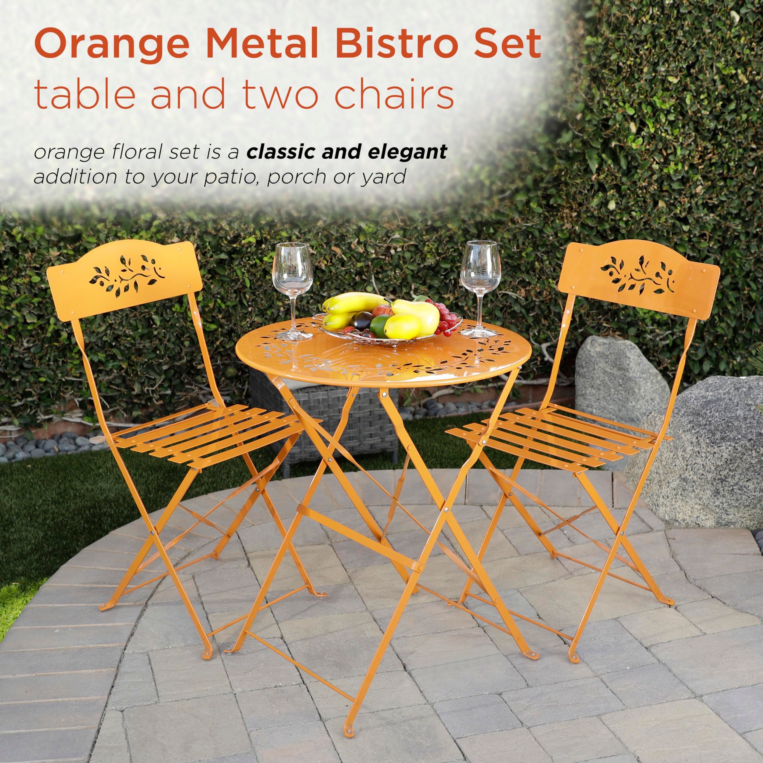 Compact Portable Foldable Bistro Set in bright orange color showing table and two chairs