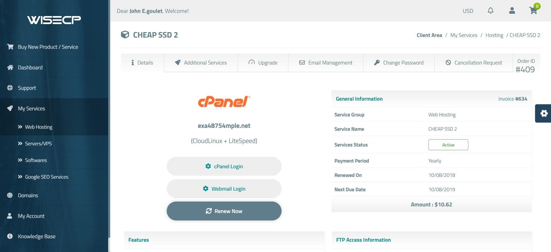 WiseCP client area interface