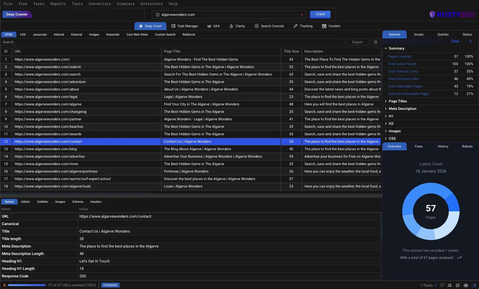 RustySEO dashboard showing comprehensive SEO analysis interface