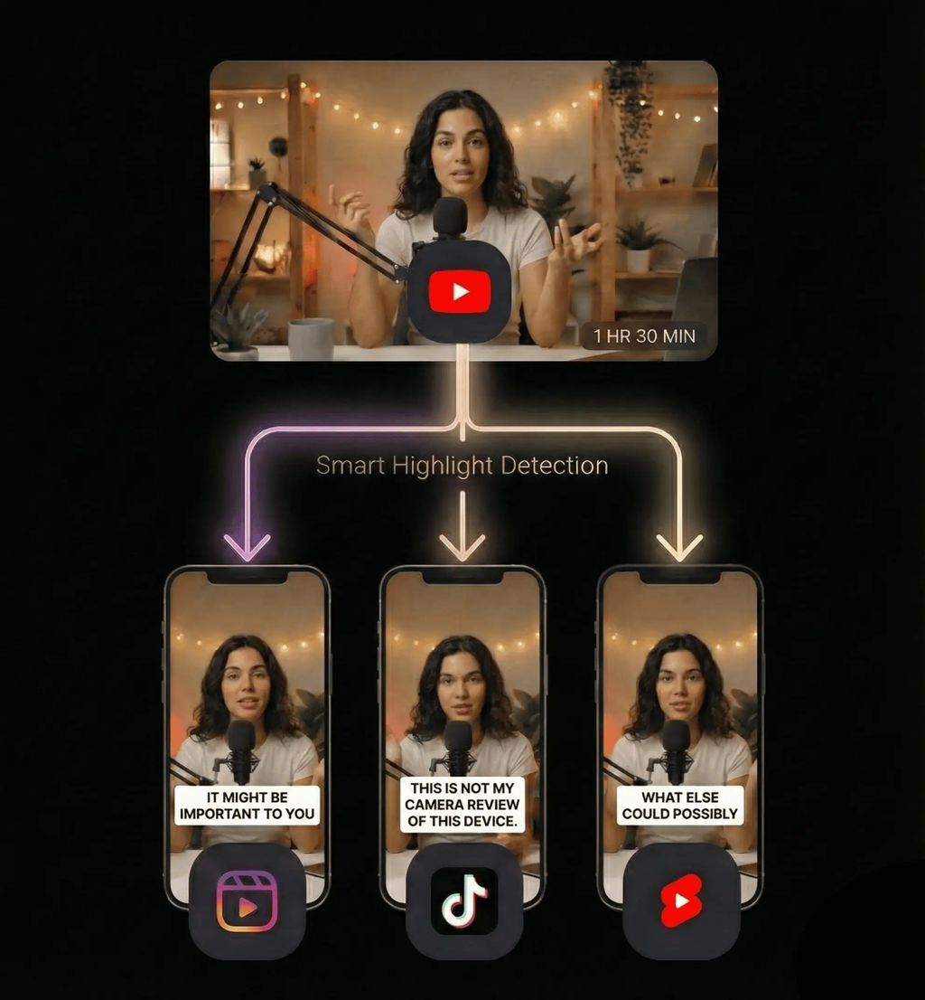 ReelifyAI workflow showing how one video transforms into multiple social media clips