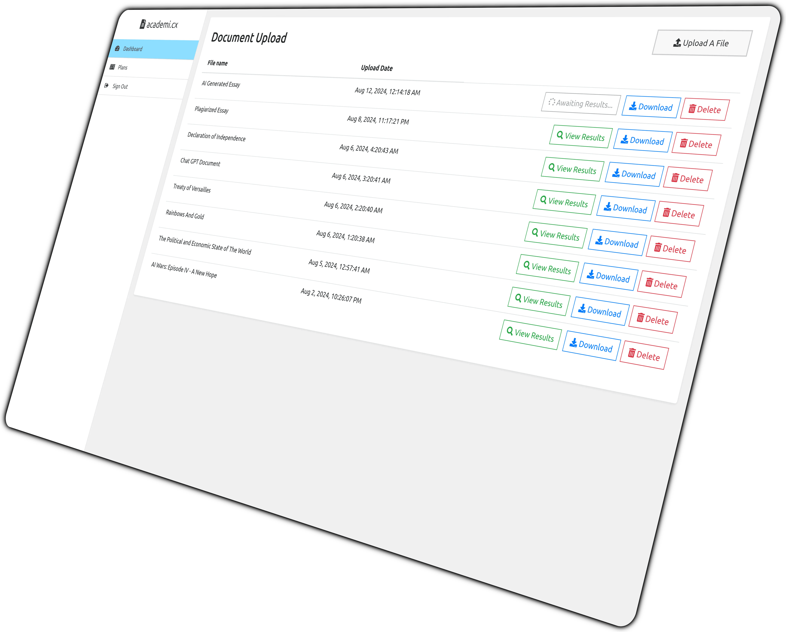 Academi.cx dashboard interface showing document upload and Turnitin scanning features