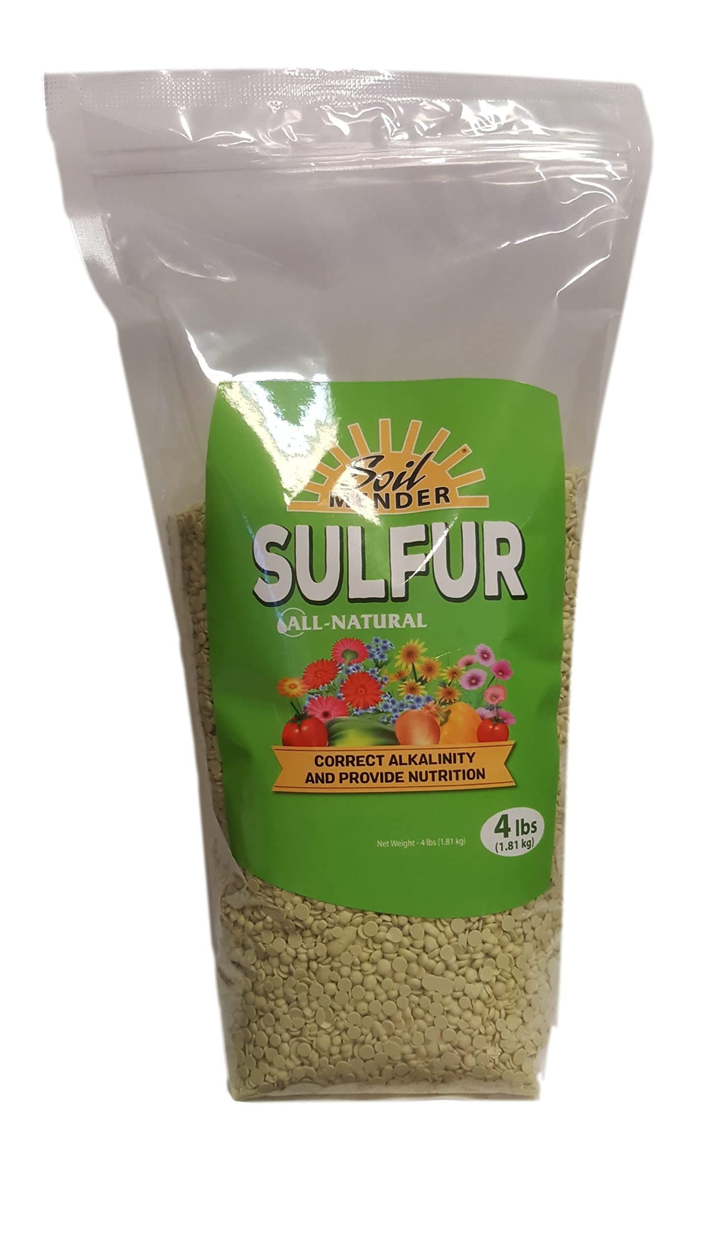 Bag of elemental sulfur soil amendment for acidifying garden soil
