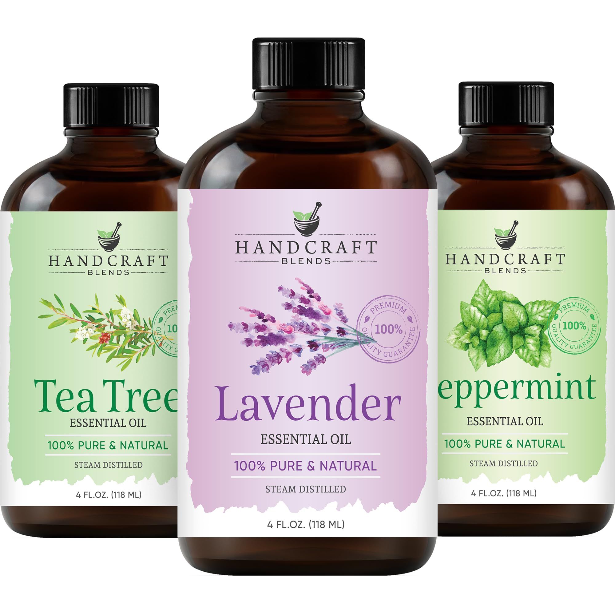 Set of essential oil bottles including tea tree, lavender, and peppermint for natural skin care