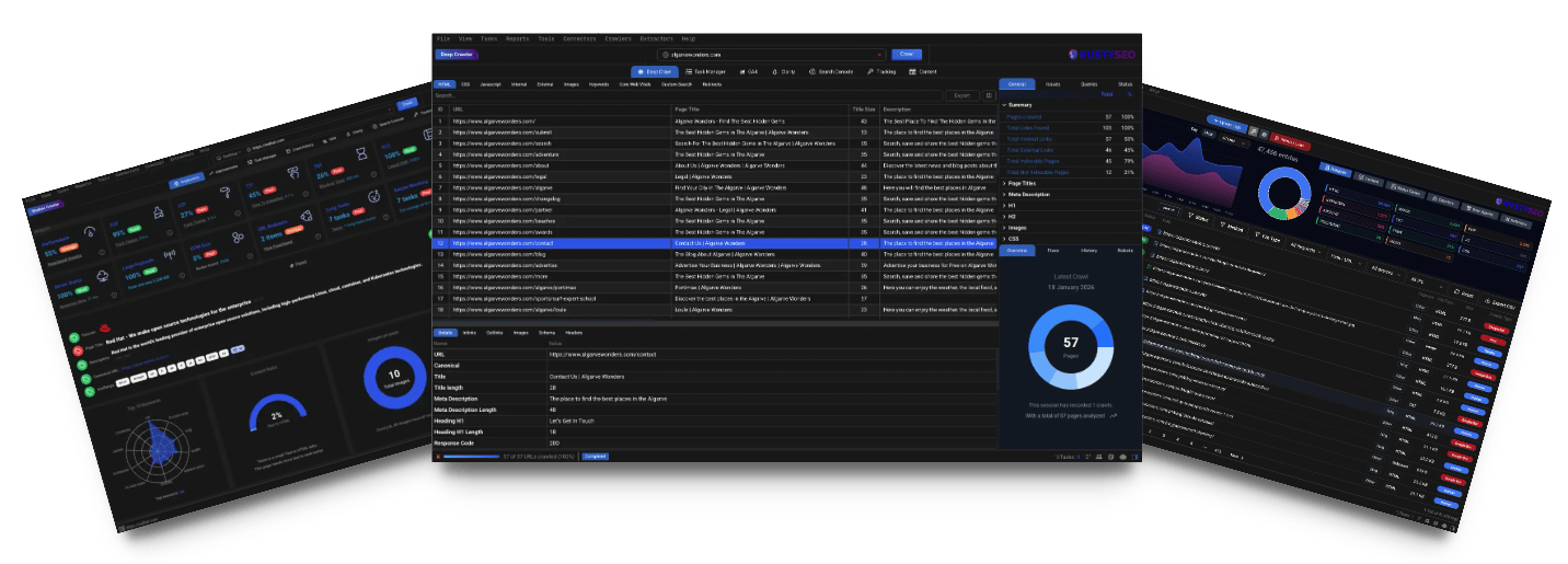 RustySEO interface showing crawl results and technical diagnostics