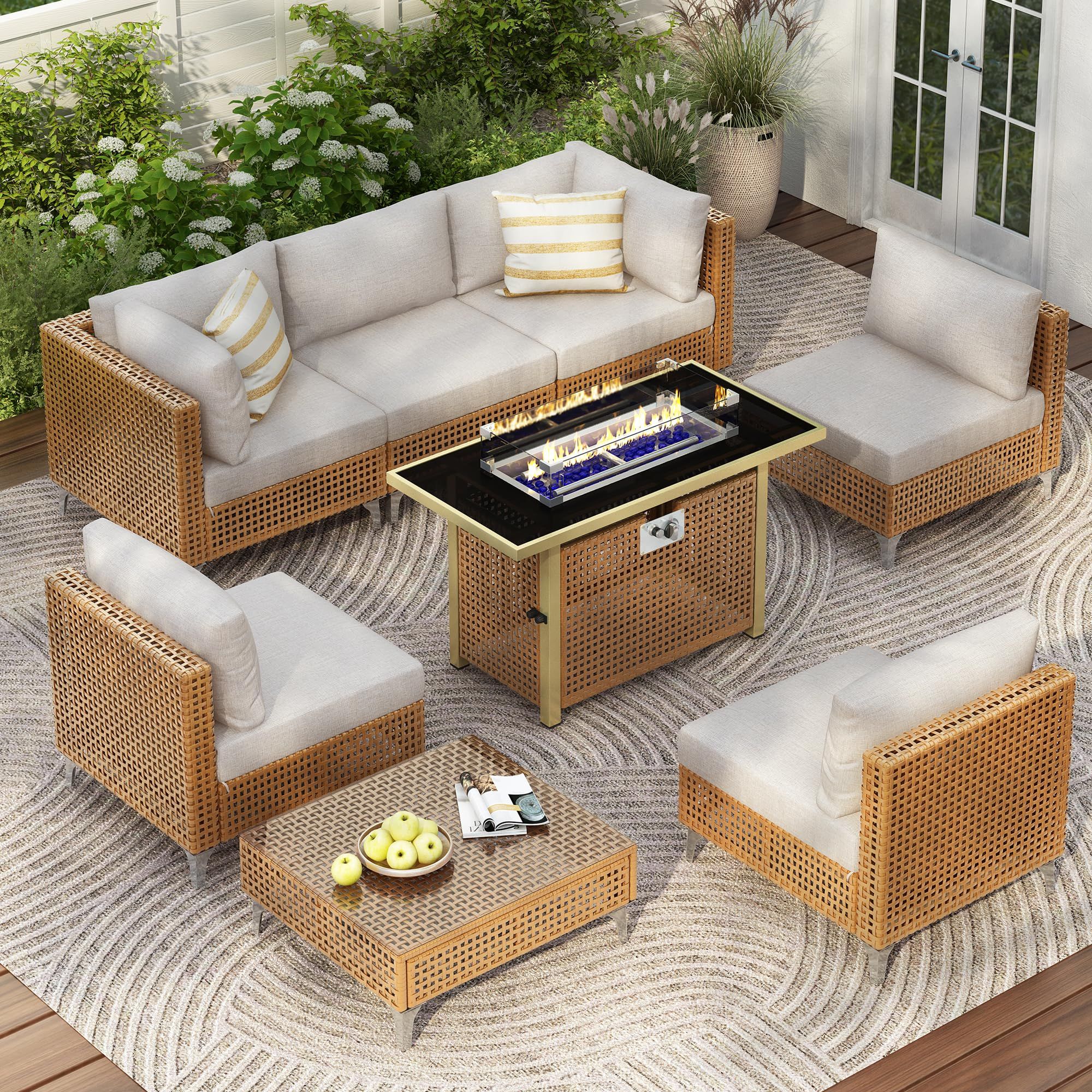 8-piece patio furniture set with fire pit table complete setup