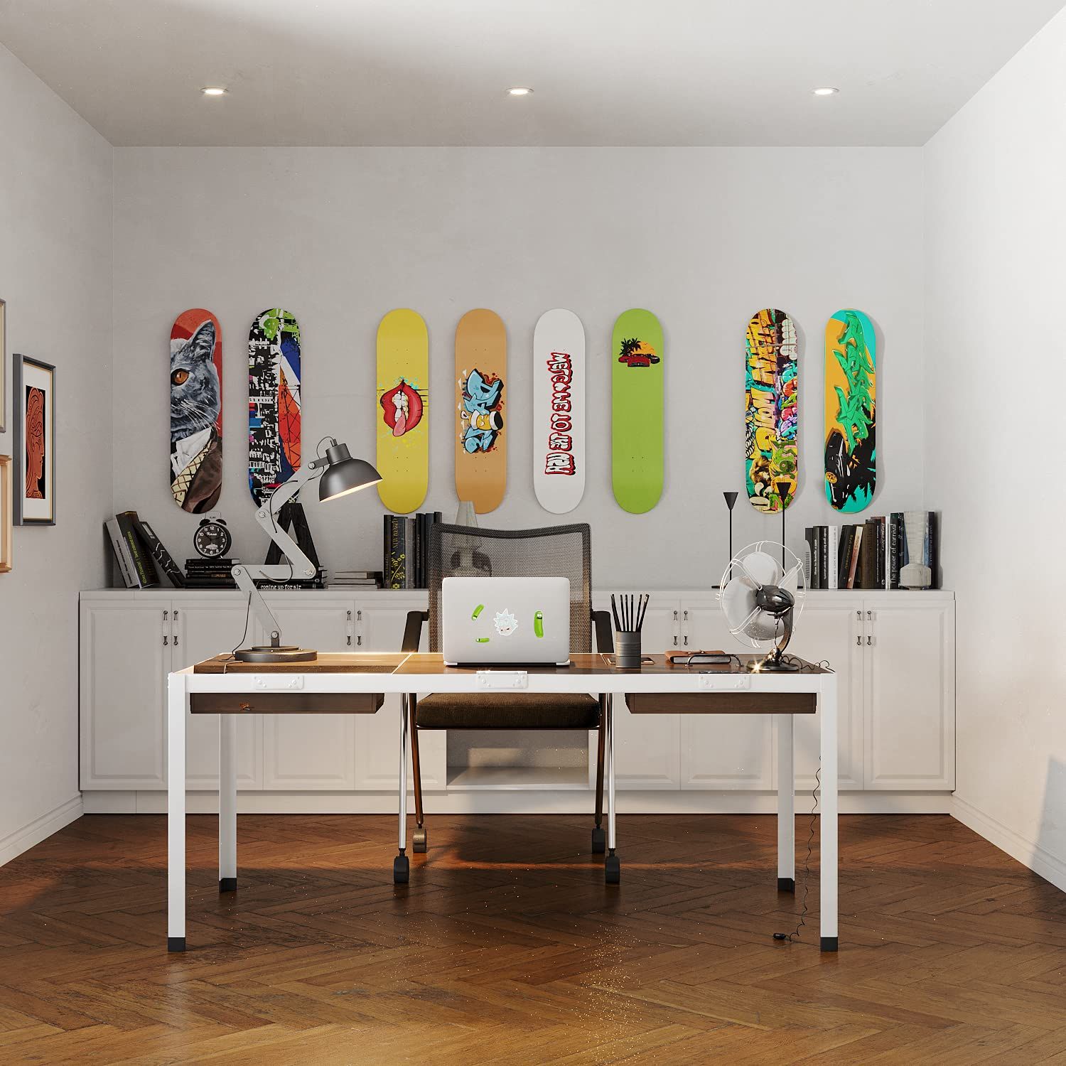 Skateboard deck wall mount display showing multiple artistic skateboards arranged in modern gallery style