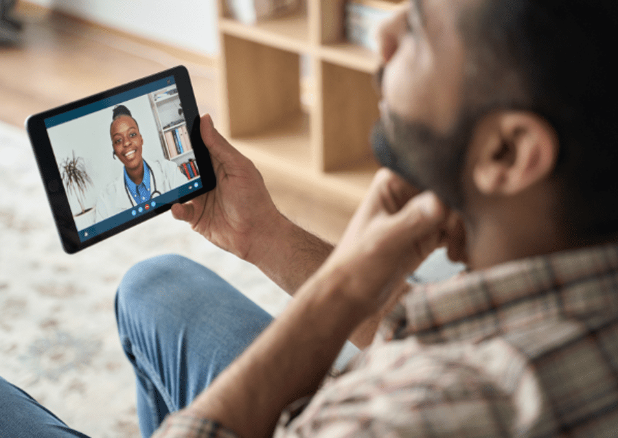 Patient attending a telehealth therapy session from home