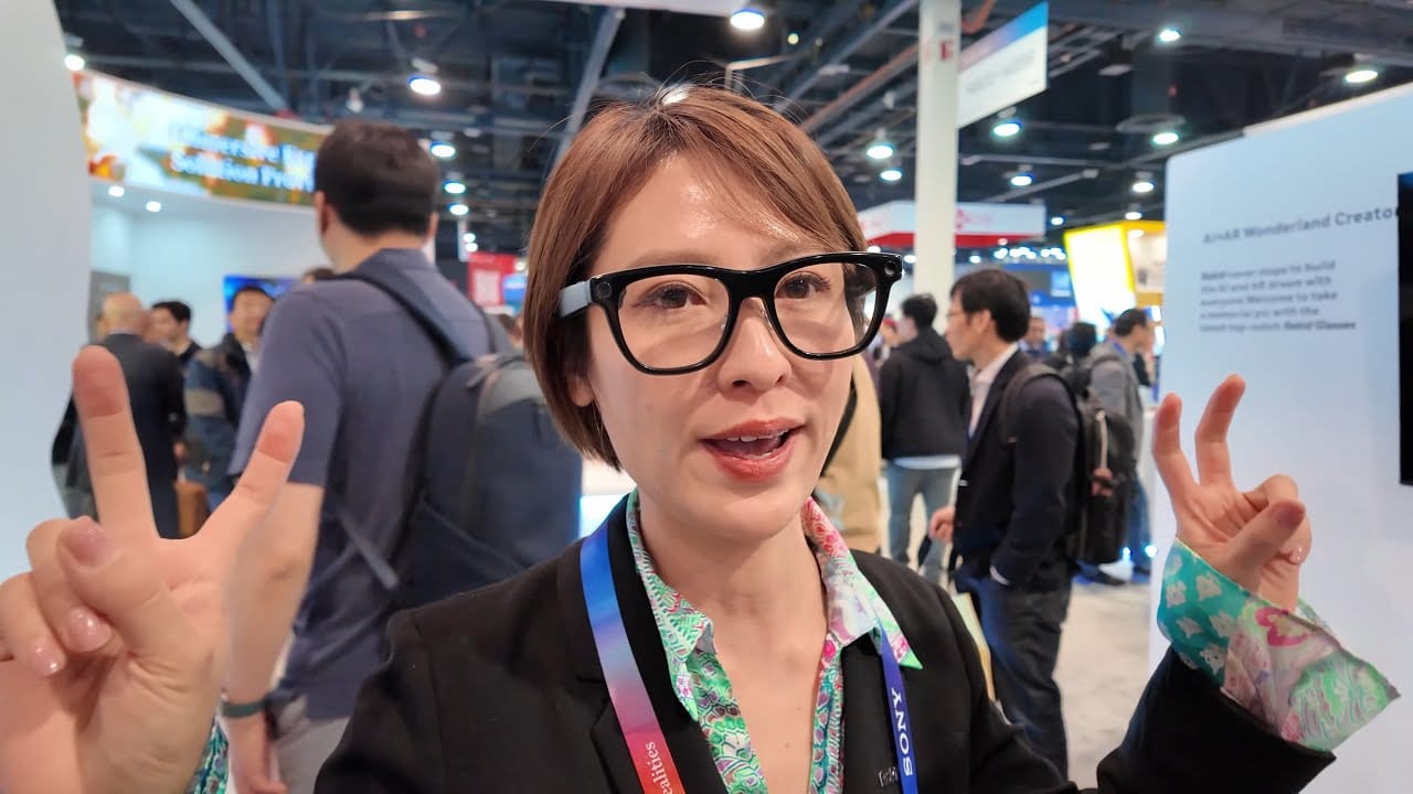 Rokid AR smart glasses displaying real-time text translation overlay on lens with 300-inch virtual display for multilingual content