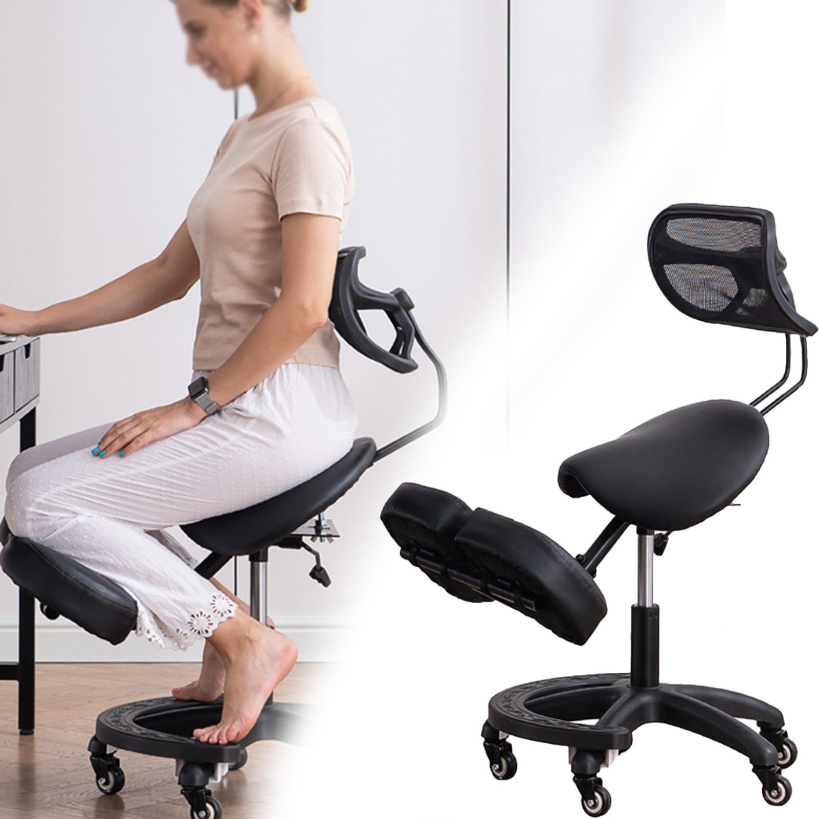 Ergonomic saddle stool with backrest and wheels for active sitting at a desk