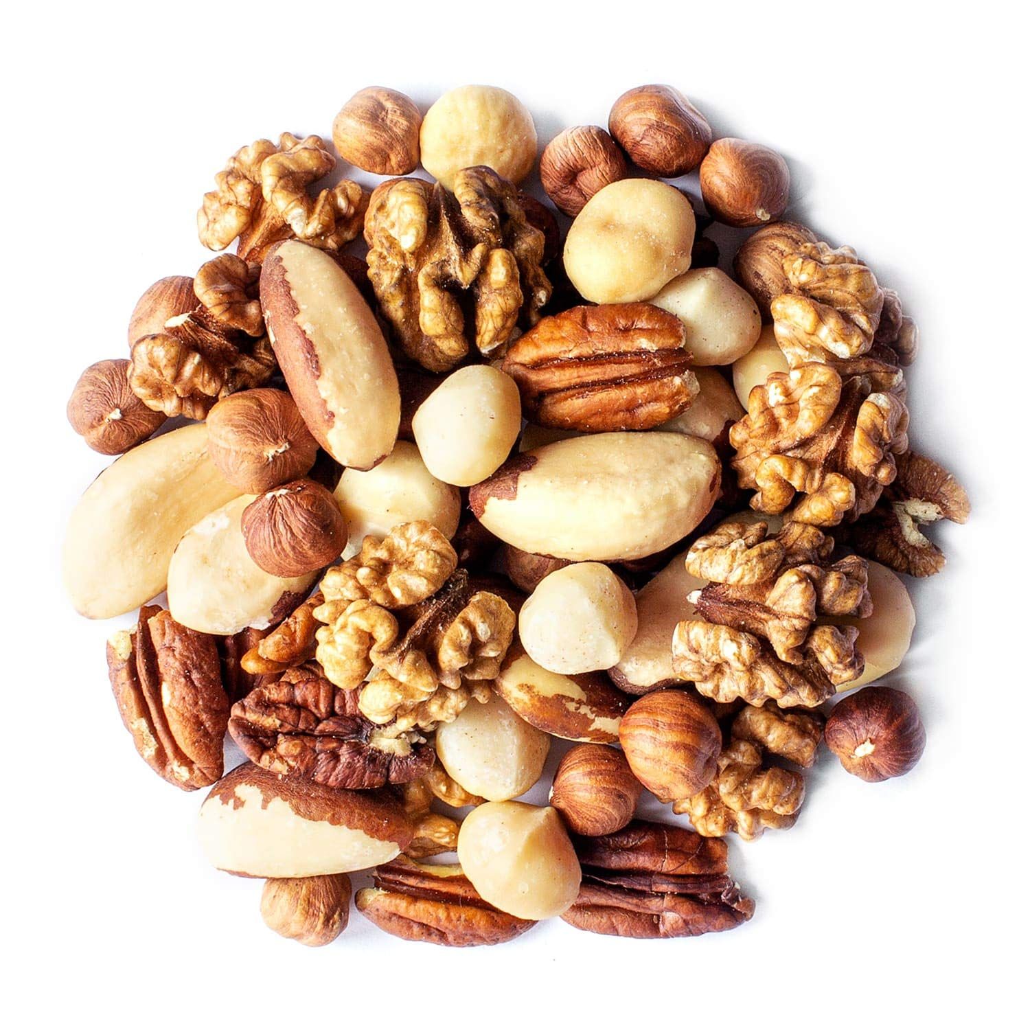 Bowl of mixed keto nuts including pecans, macadamia, brazil nuts, walnuts and hazelnuts