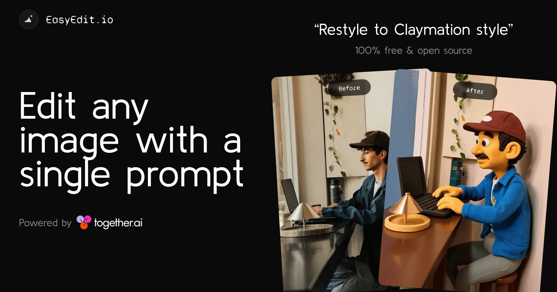 EasyEdit.io interface showing AI-powered image editing with text prompts