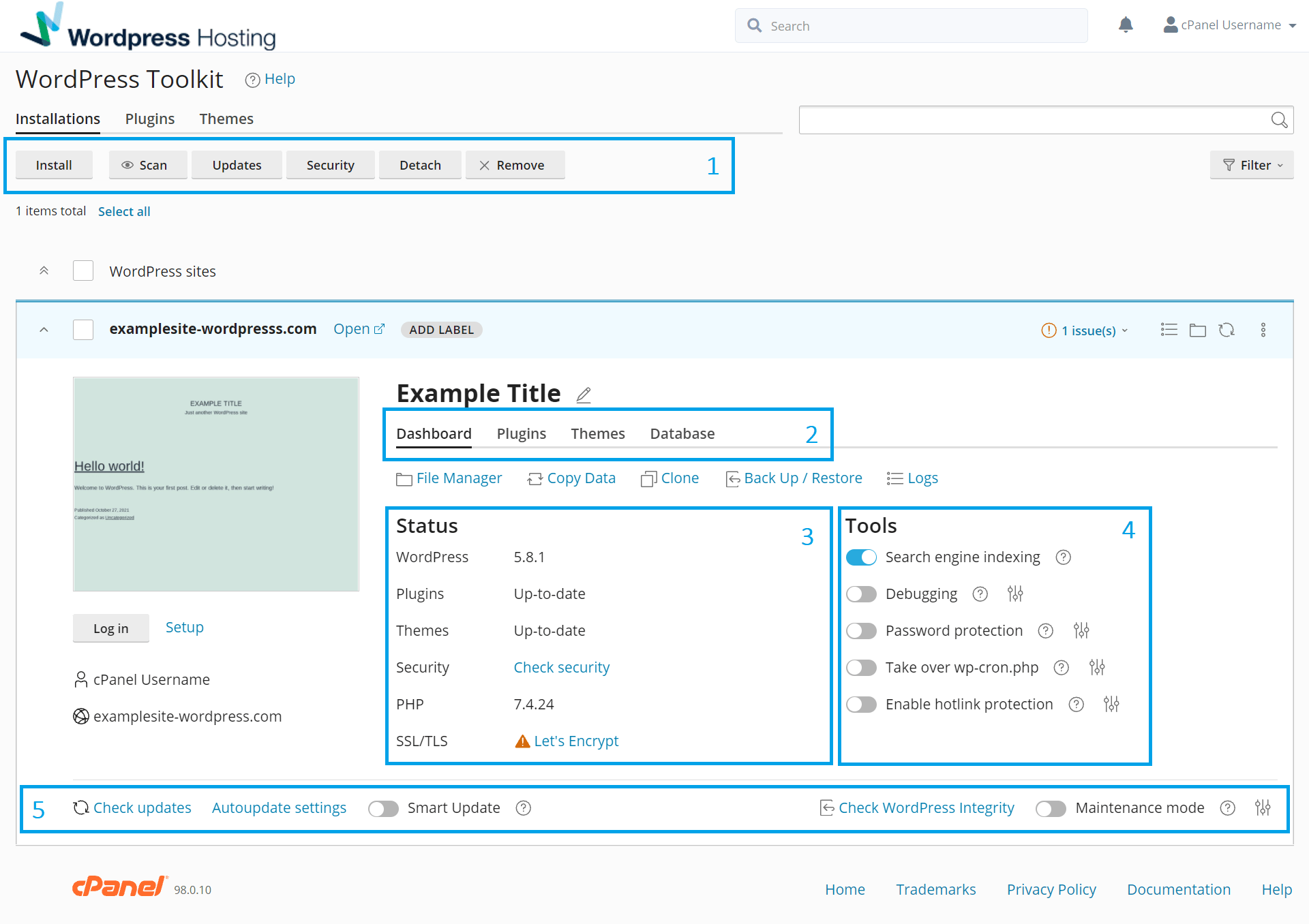 WordPress Toolkit dashboard showing multiple managed installations