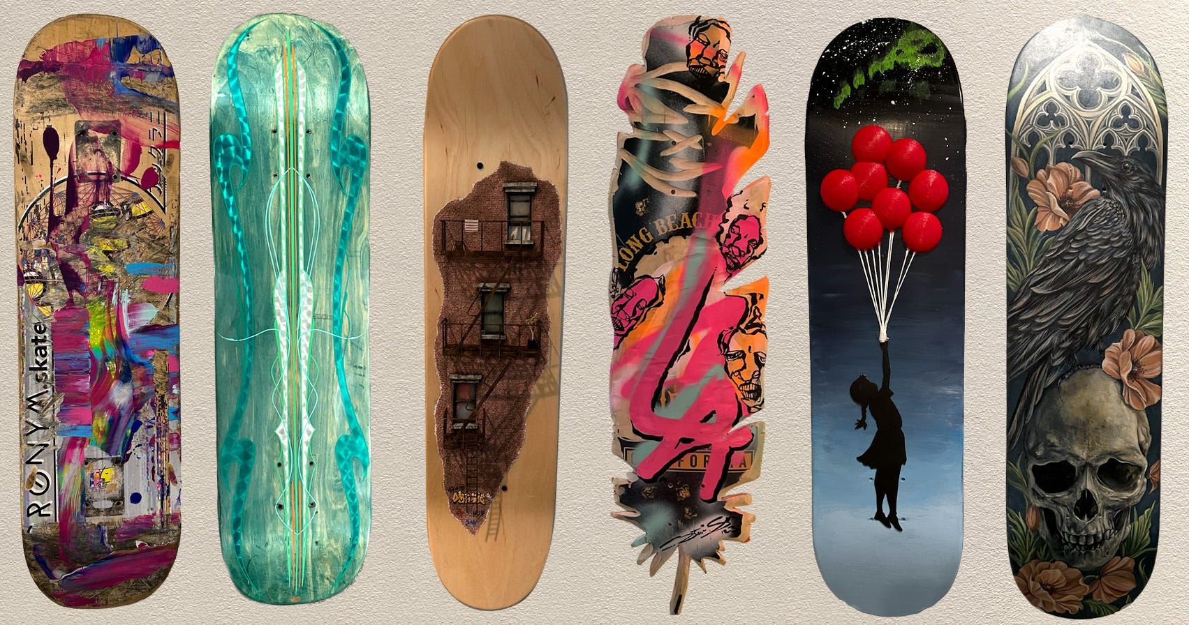 Skateboard art gallery exhibition displaying diverse female artist works