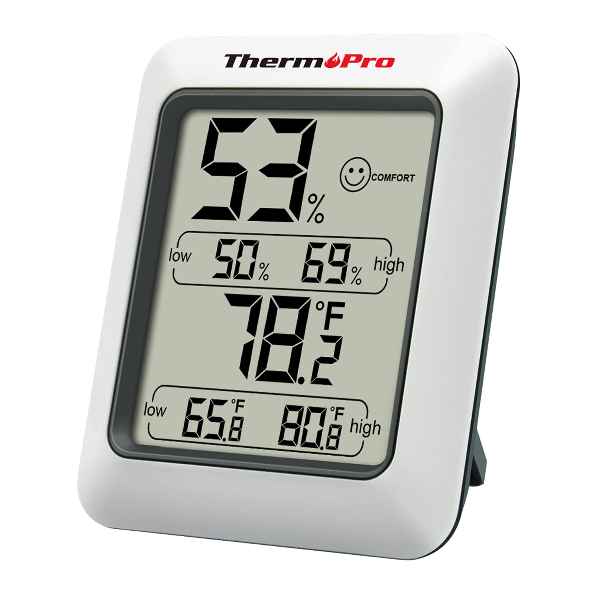 Digital hygrometer-thermometer displaying 53% humidity and 78.2°F temperature with comfort indicators