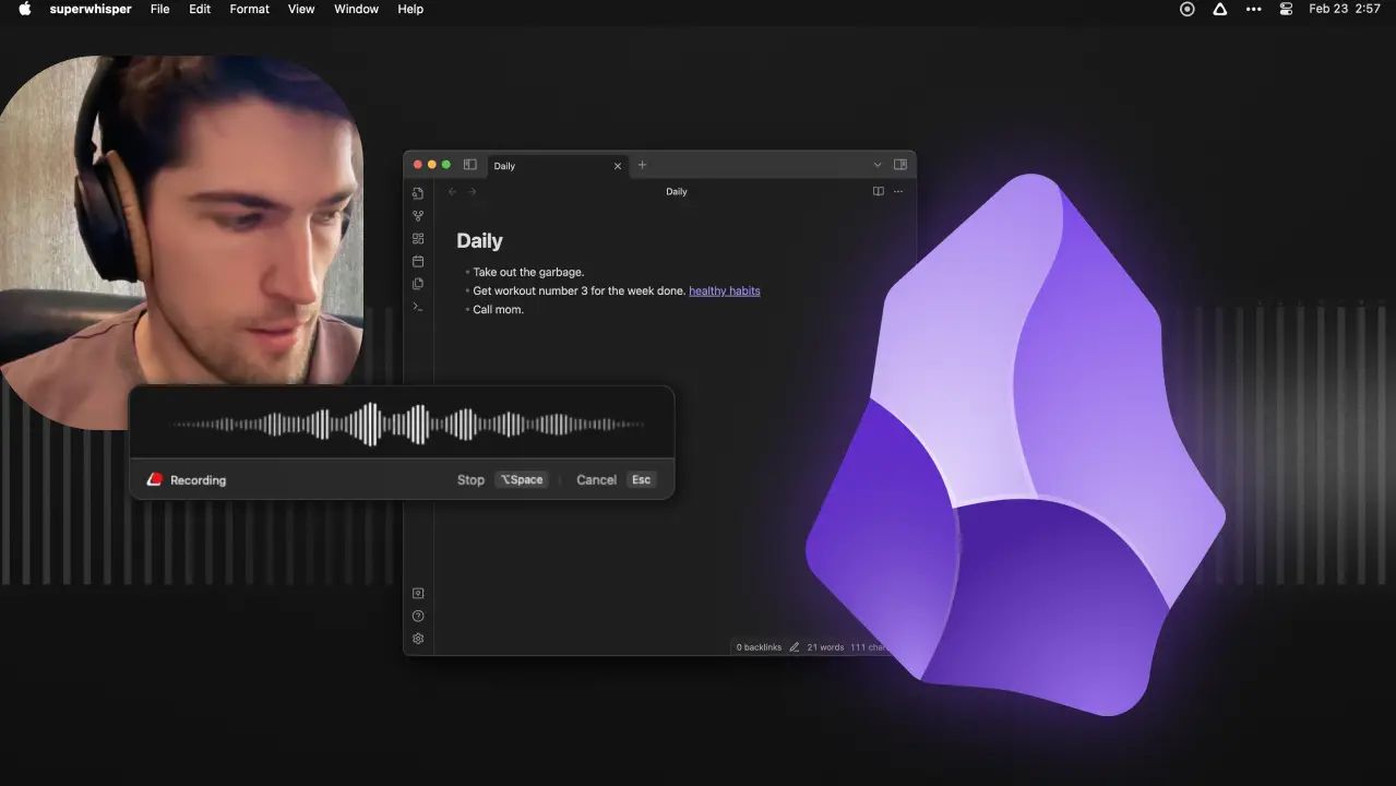 Página oficial de SuperWhisper mostrando los casos de uso y las integraciones con aplicaciones populares
