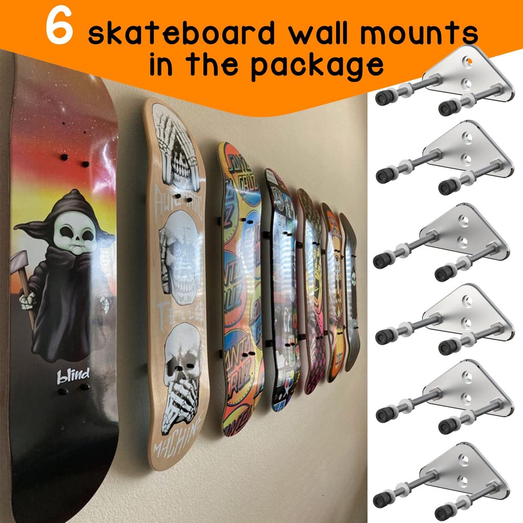 Traditional screw-mount skateboard brackets showing secure wall installation for premium skateboard wall art