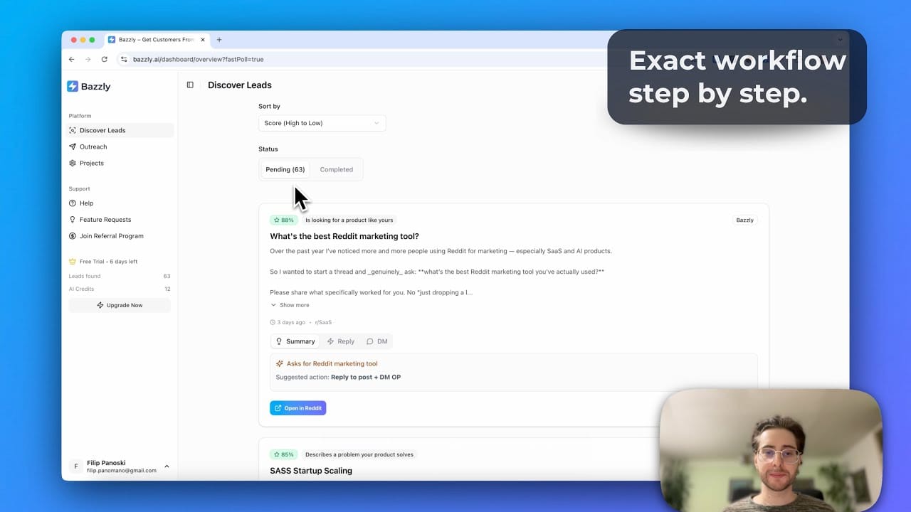 Bazzly Dashboard Interface showing lead discovery and messaging system